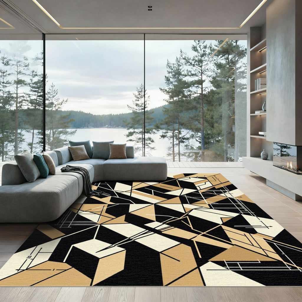 Black and Beige Abstract Geometric Architectural Rug