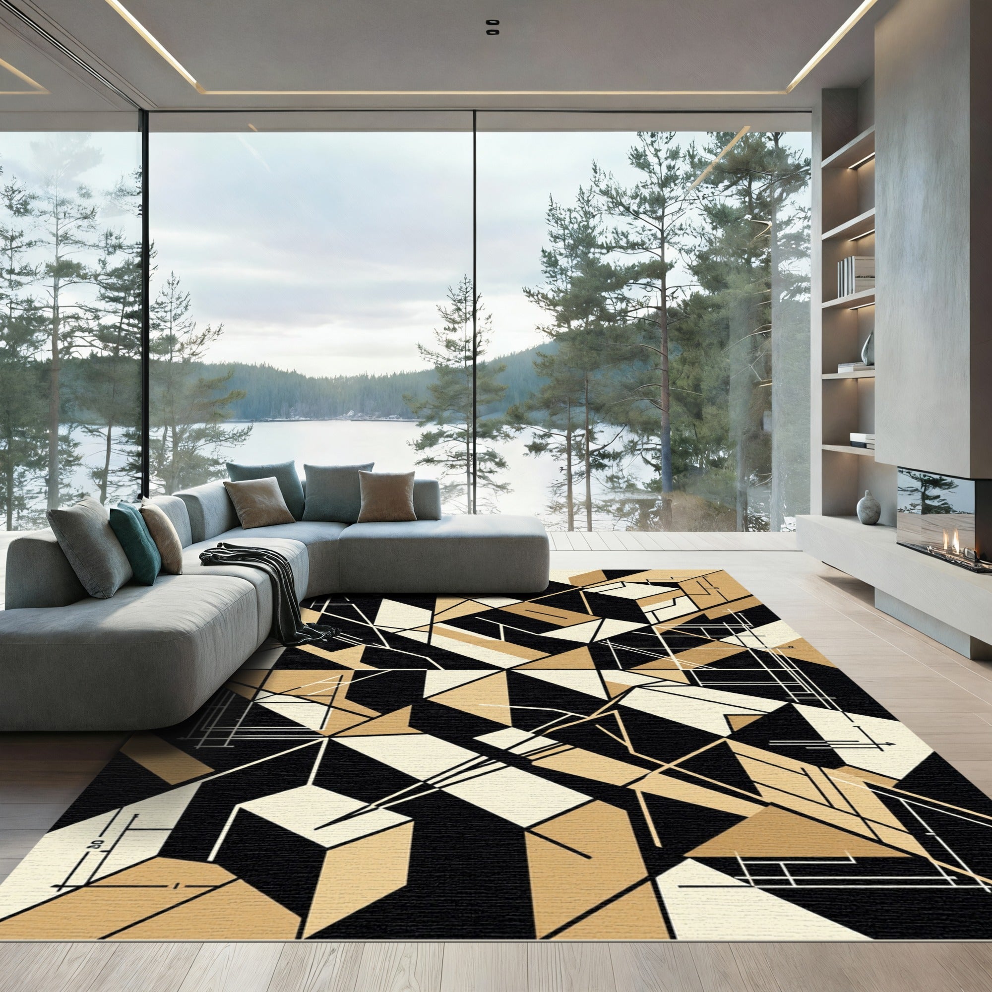 Black and Beige Abstract Geometric Architectural Rug