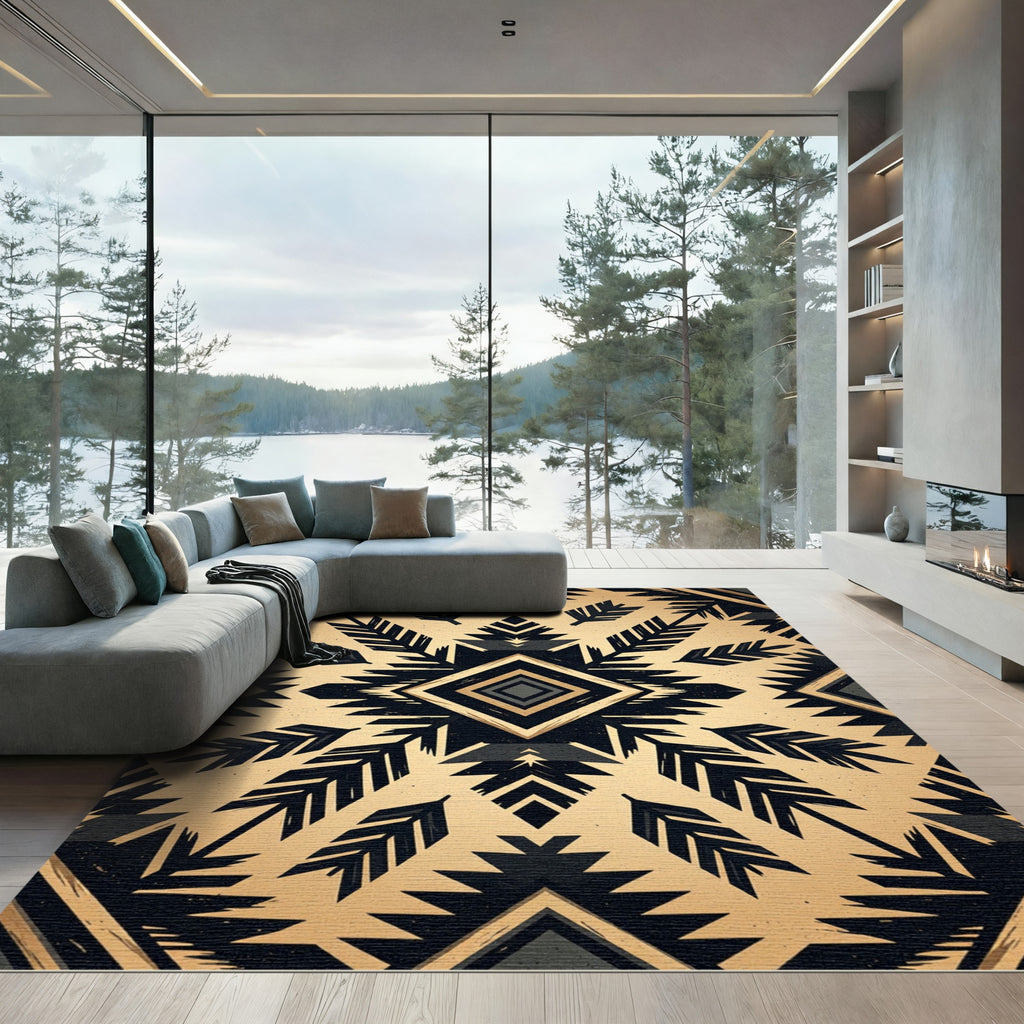 Golden Black Tribal Feather Diamond Rug