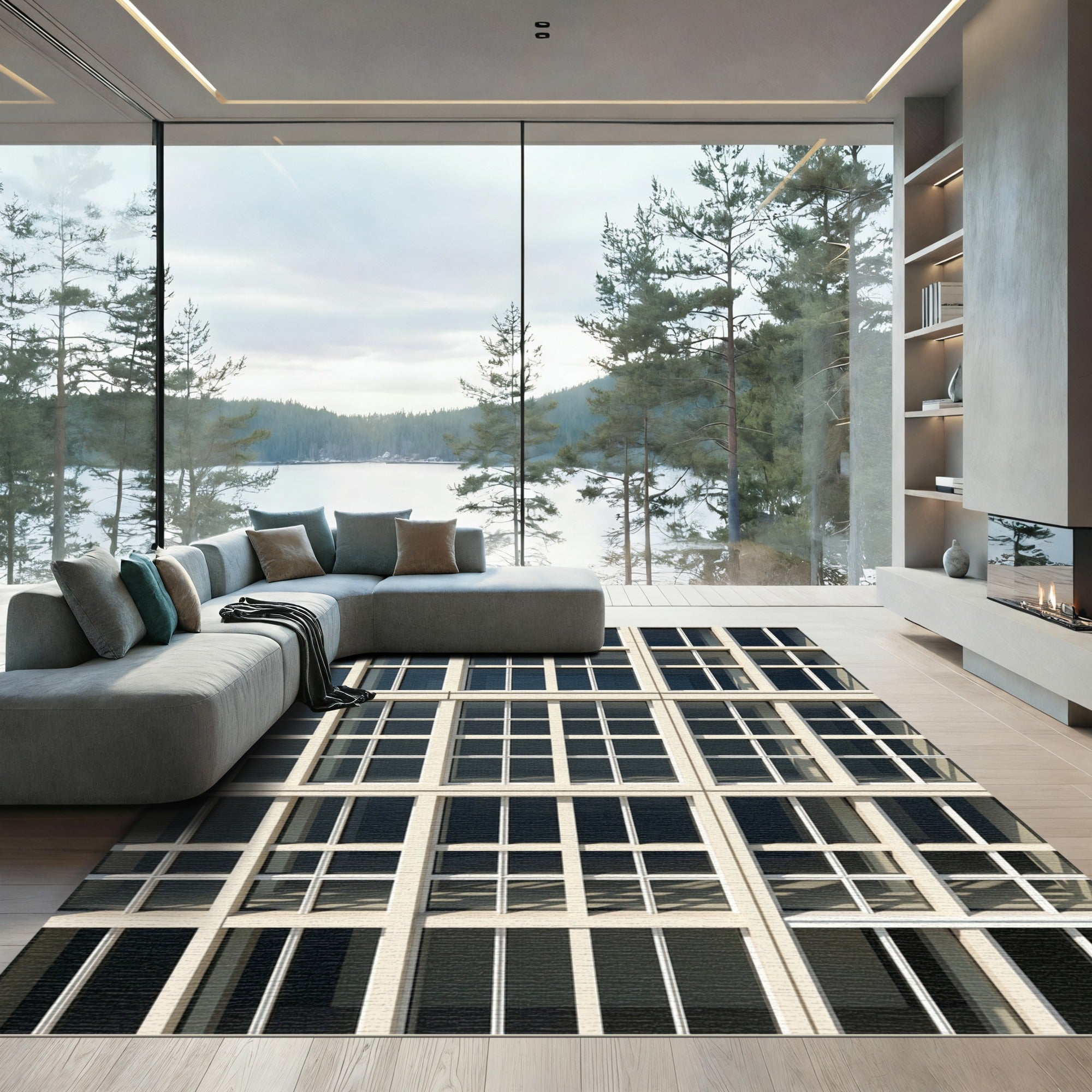 Modern Beige Grid Window Rug