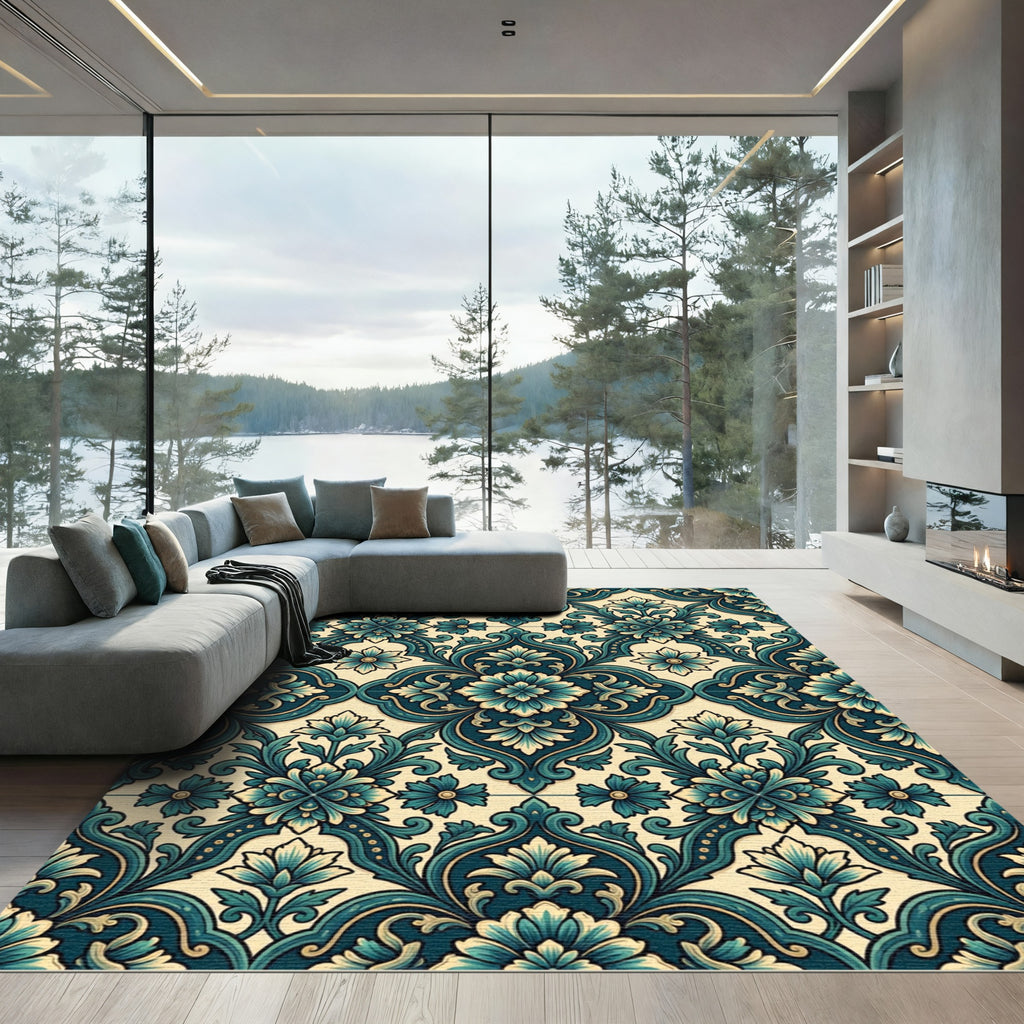 Ornate Teal Floral Damask Medallion Rug