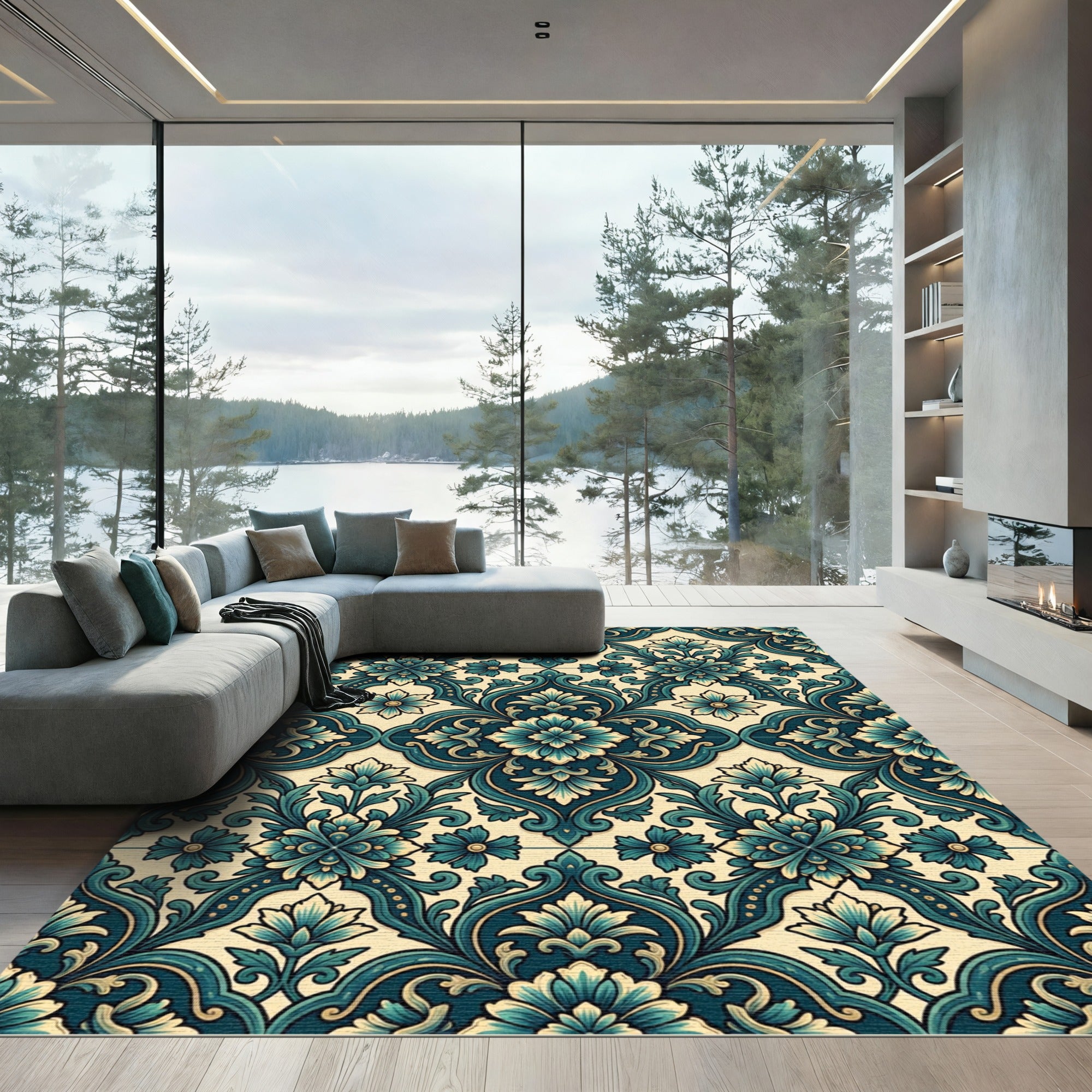Ornate Teal Floral Damask Medallion Rug