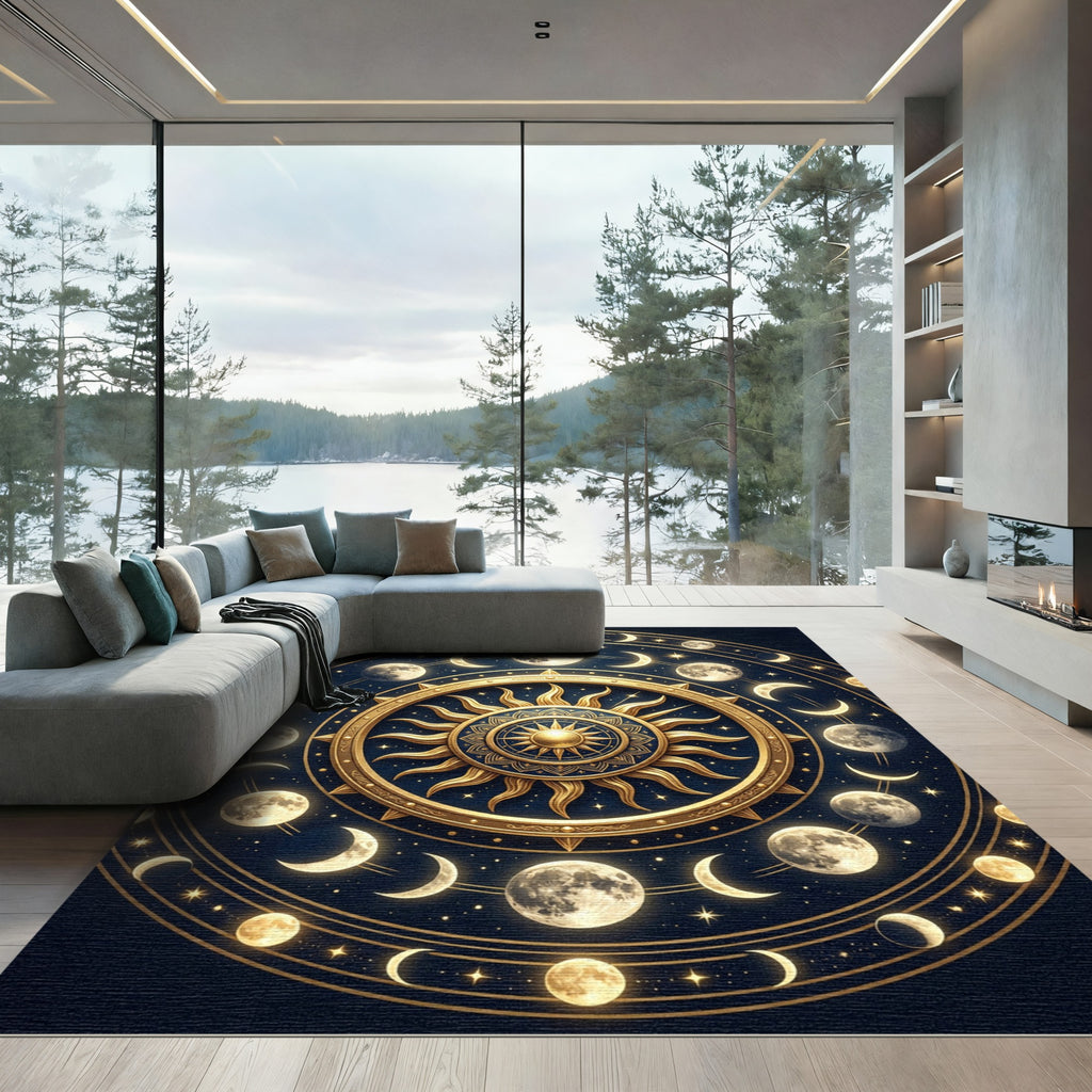 Celestial Gold and Navy Moon Phase Rug