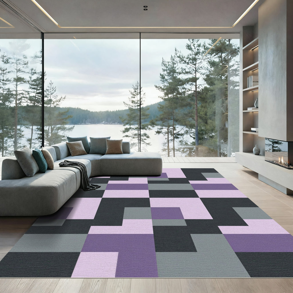 Purple Gray Black Abstract Squares Rug