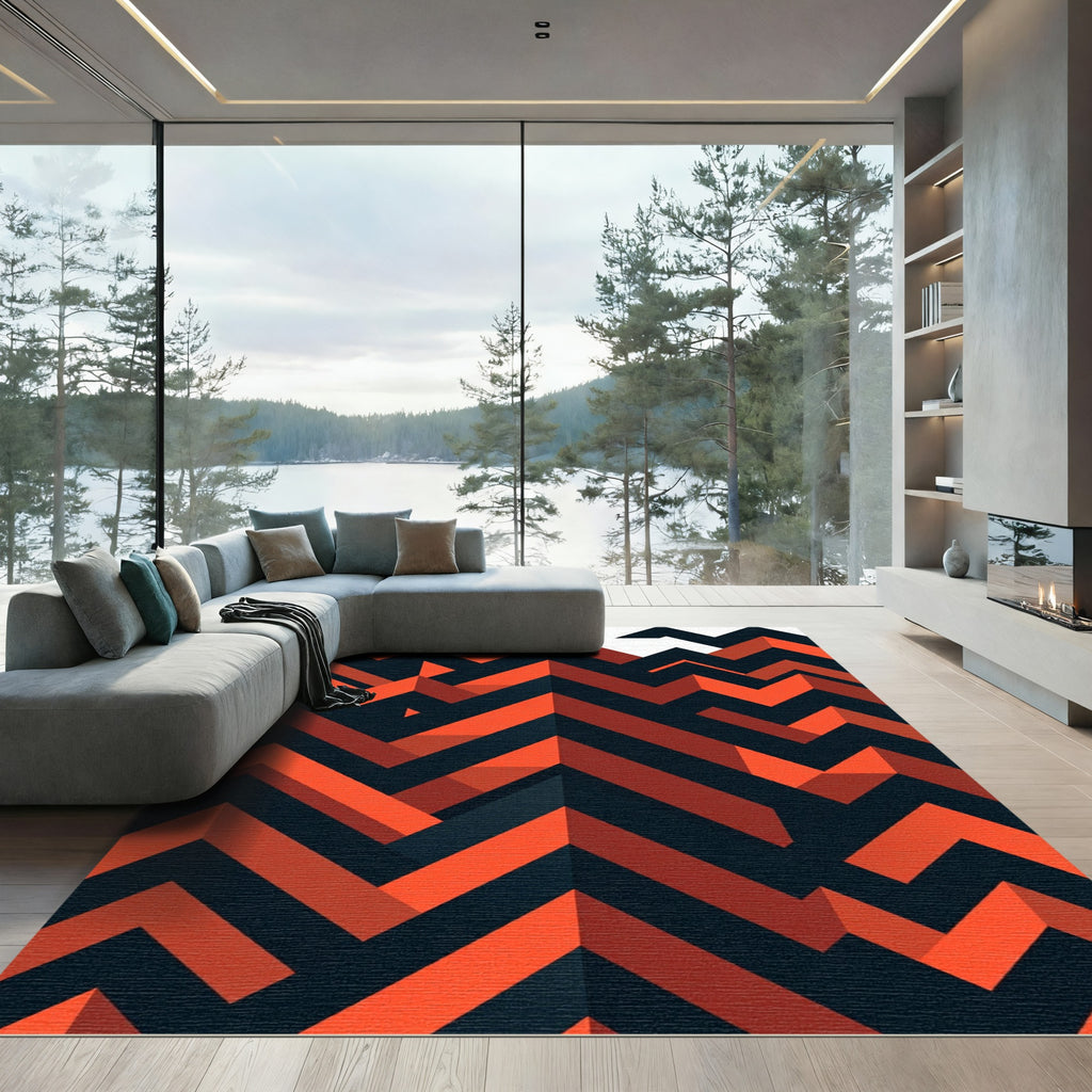 Bold Red Black Geometric Chevron Rug