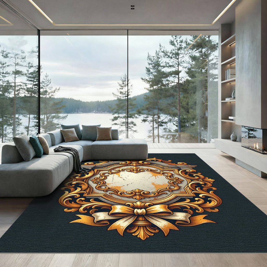 Ornate Gold Swirl Ribbon Emblem Rug
