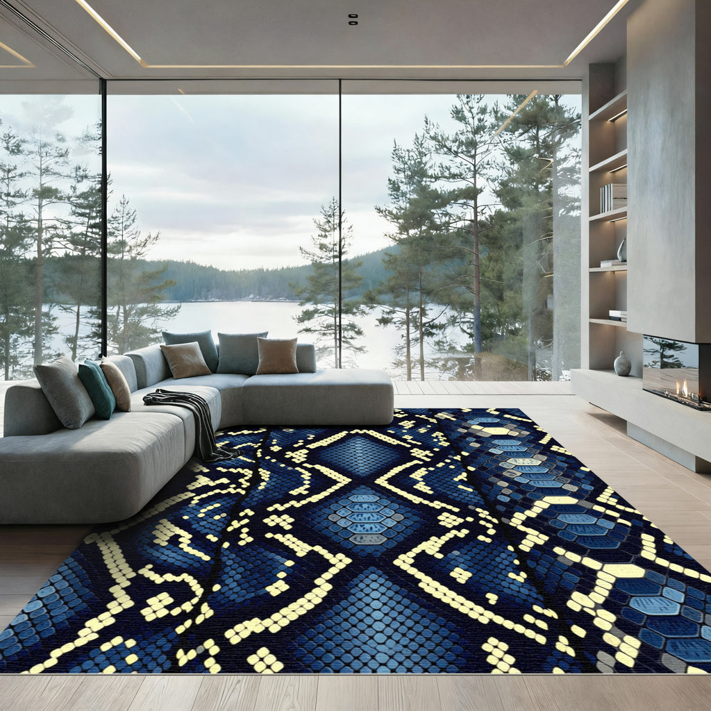 Bold Blue Reptile Scale Hexagon Rug