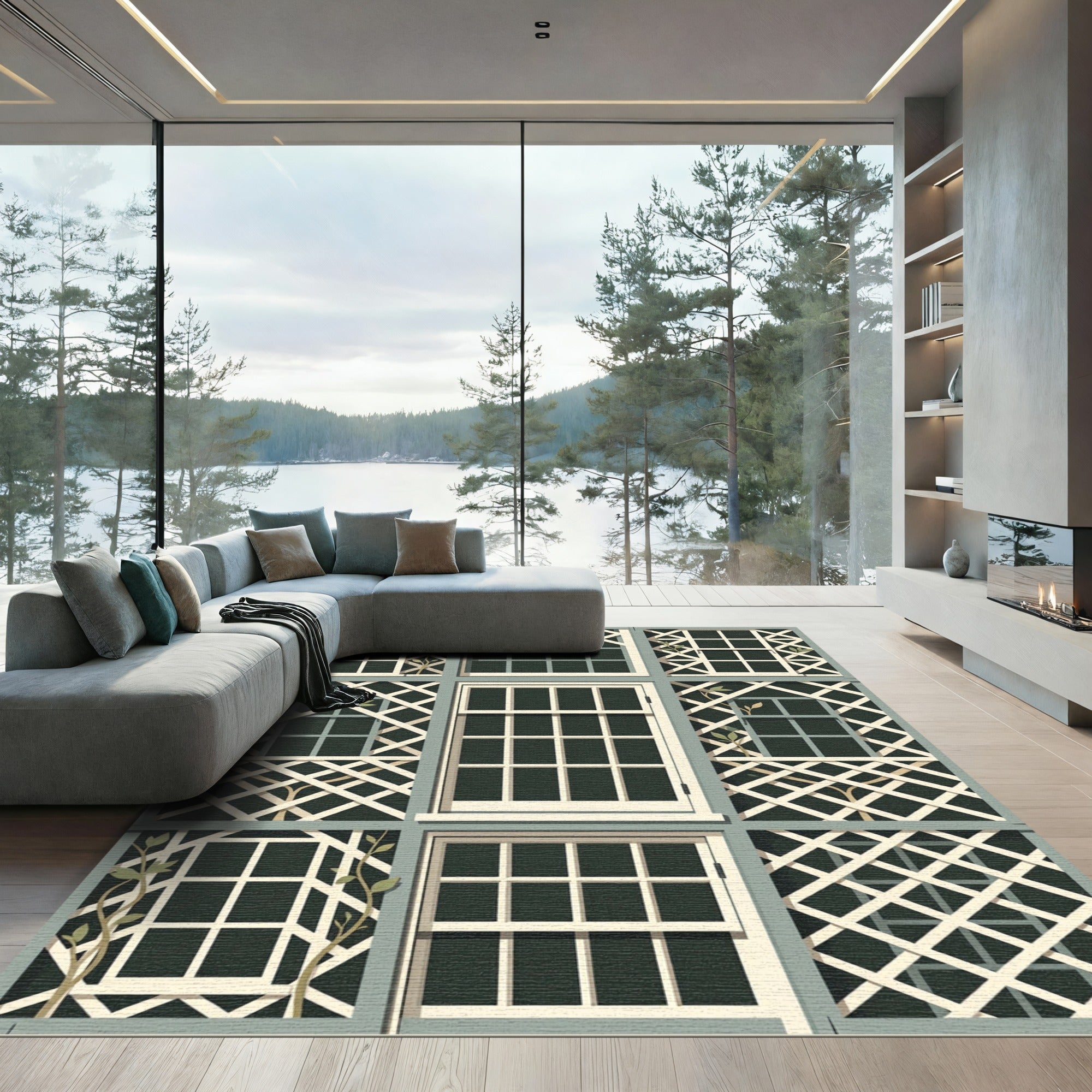 Sage Green Lattice Trellis Square Grid Rug