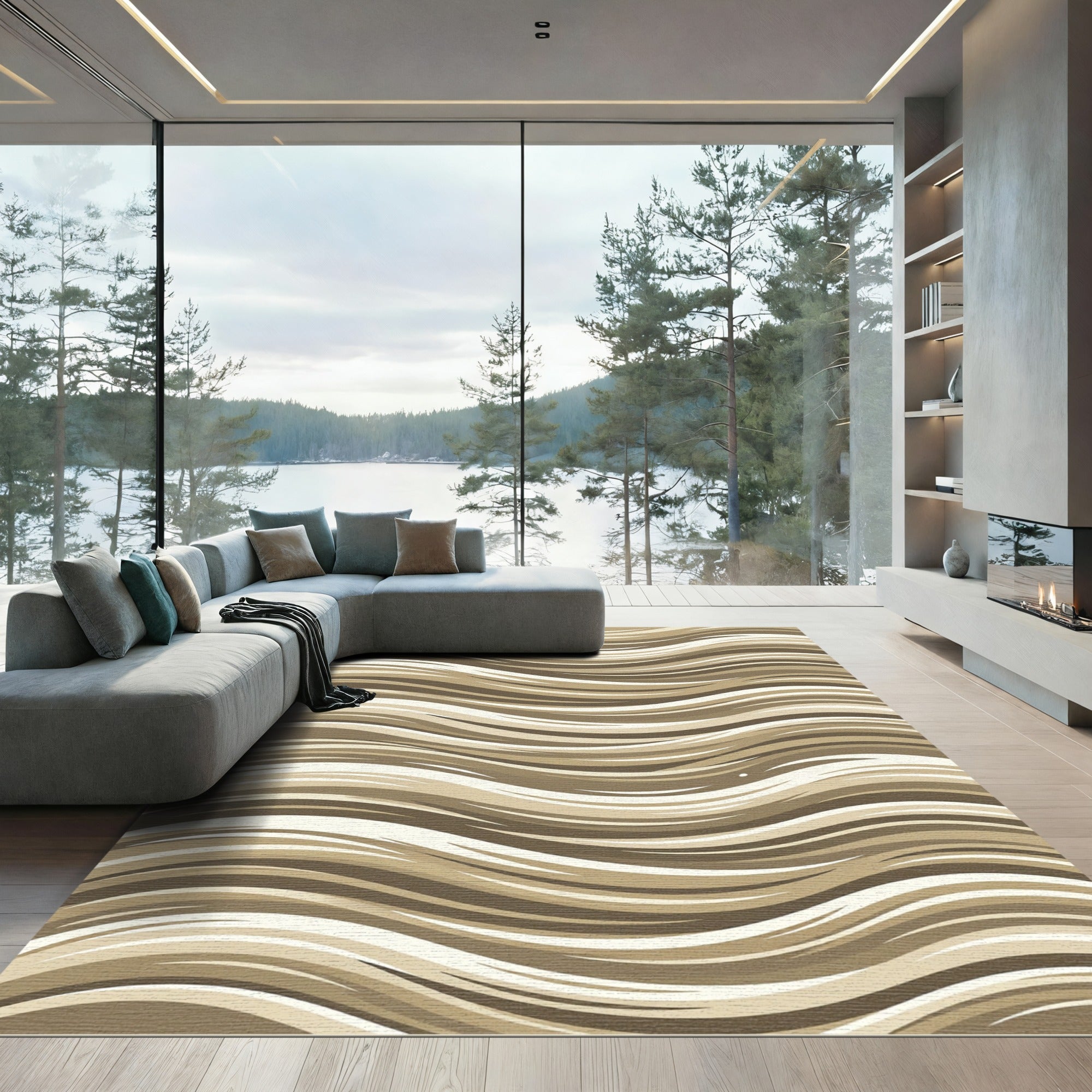 Neutral Earthy Tone Wavy Stripe Rug