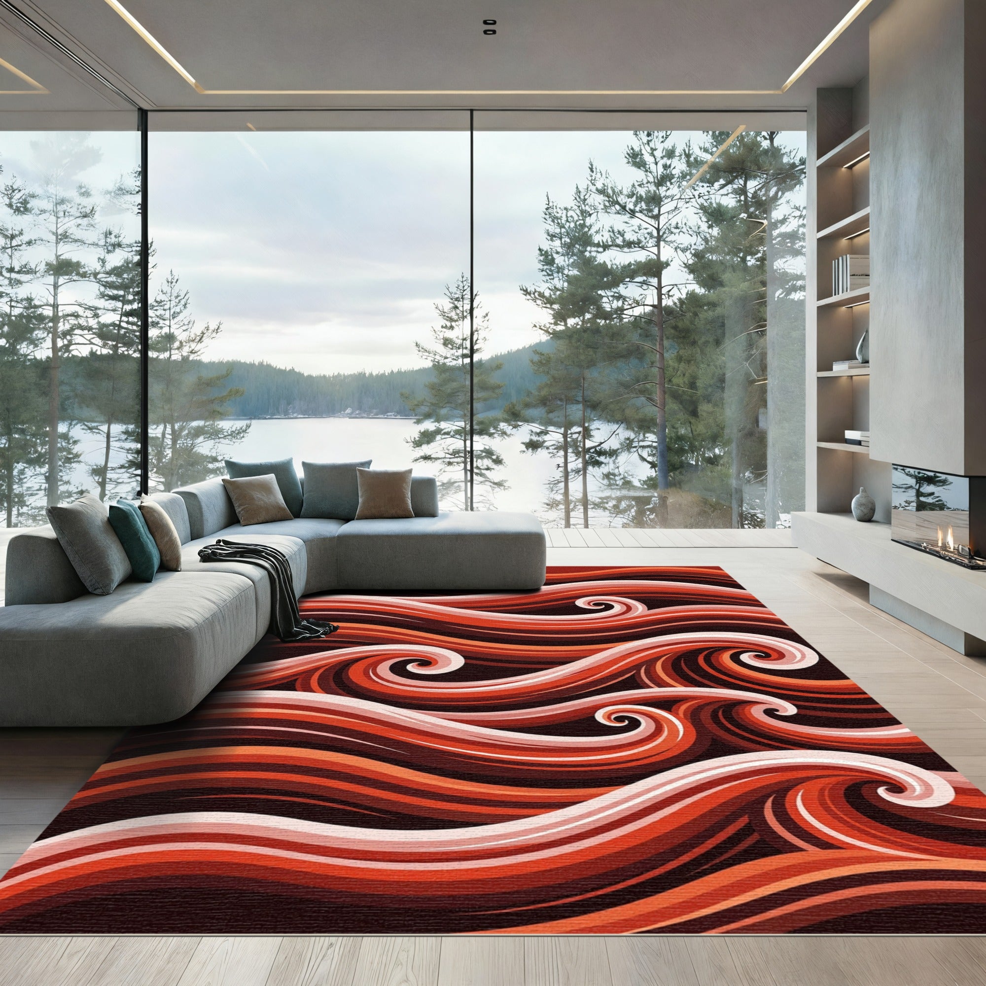 Crimson Orange Swirling Waves Rug