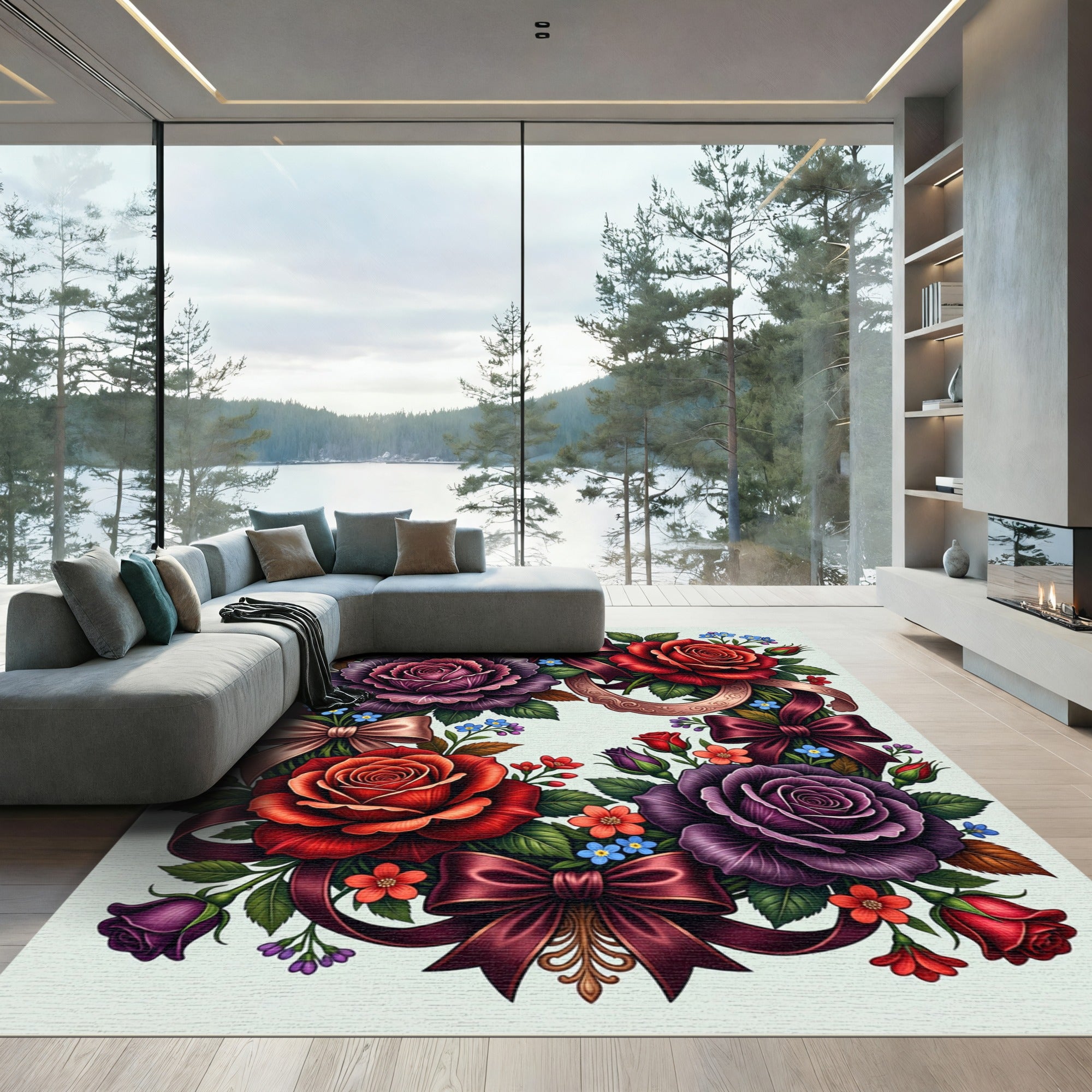 Romantic Velvet Rose and Ribbon Wreath Rug