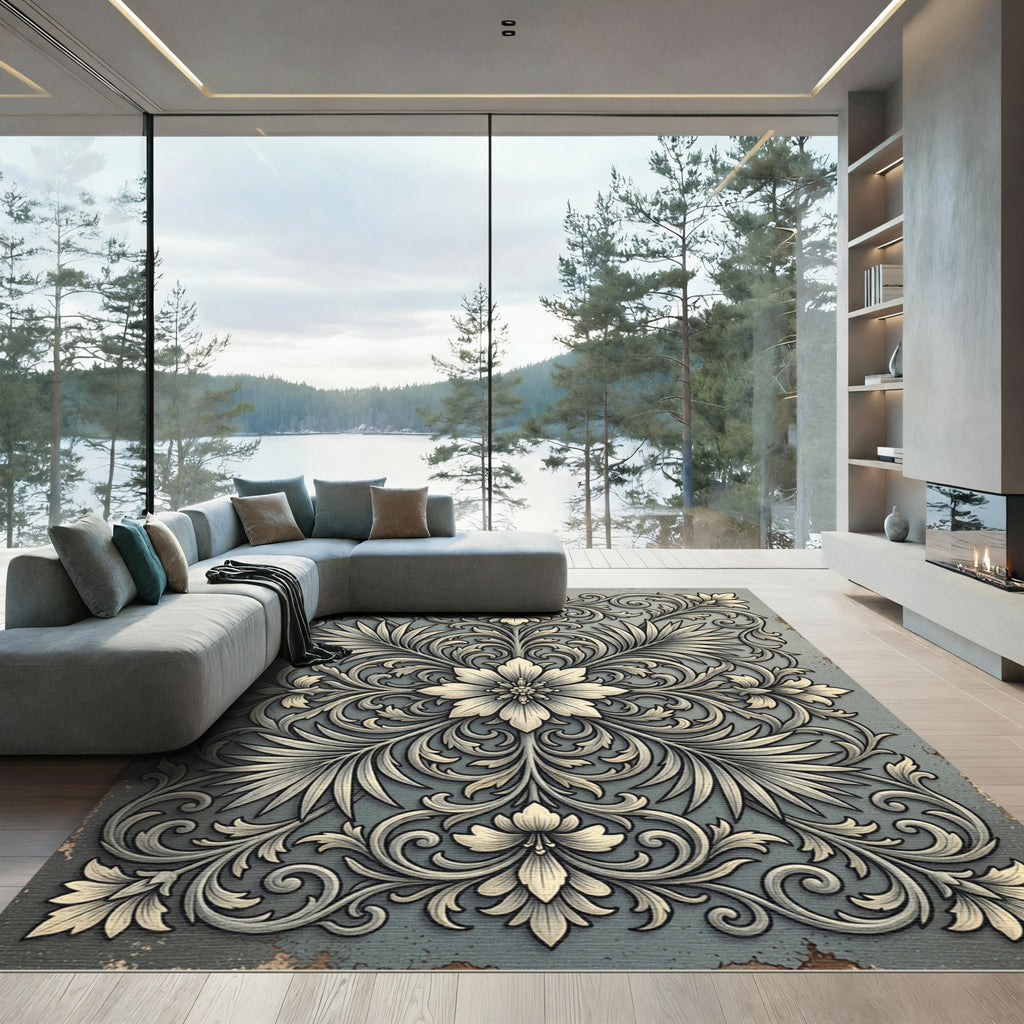 Elegant Slate Gray Ornate Floral Art Rug