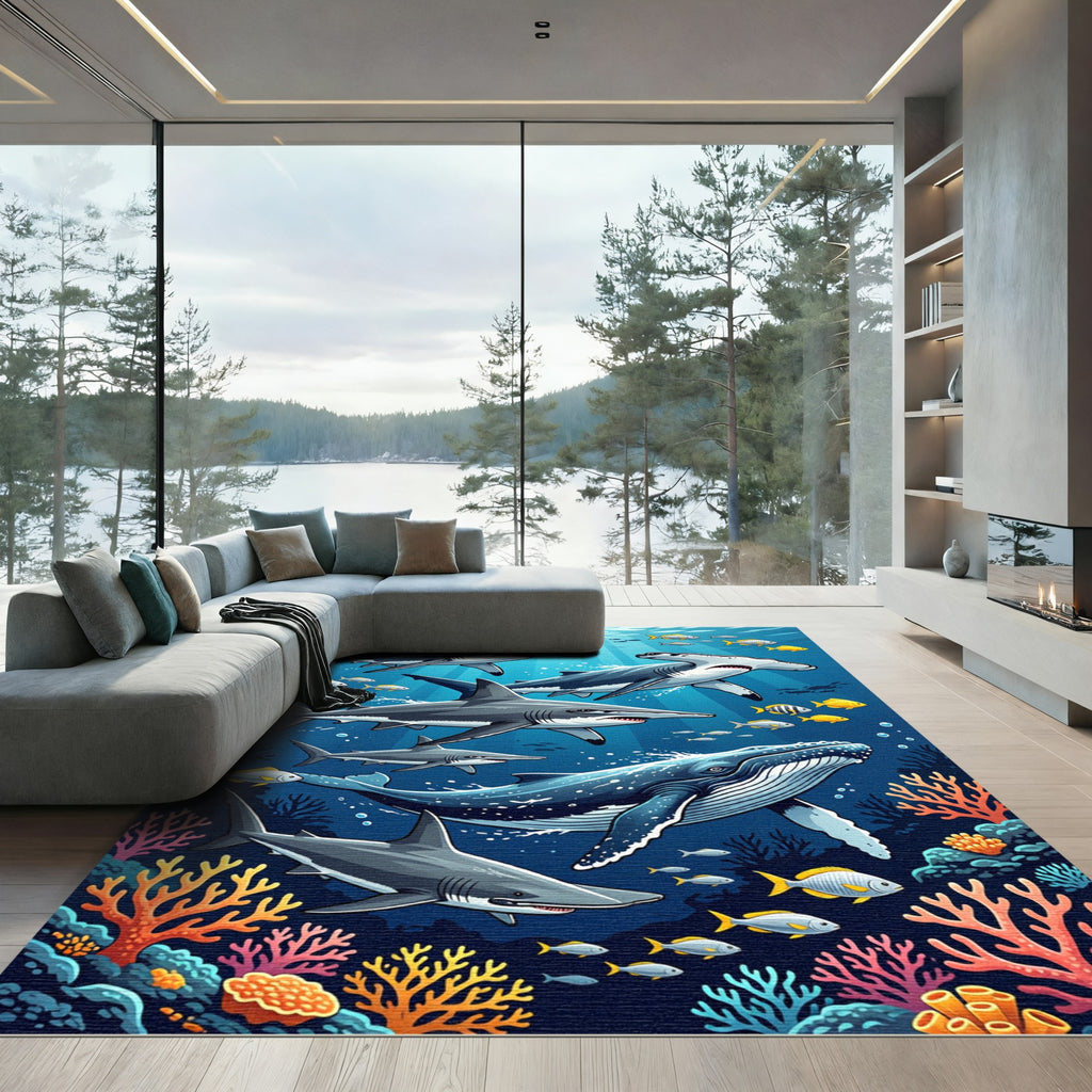 Vibrant Oceanic Hammerhead Shark Coral Scene Rug