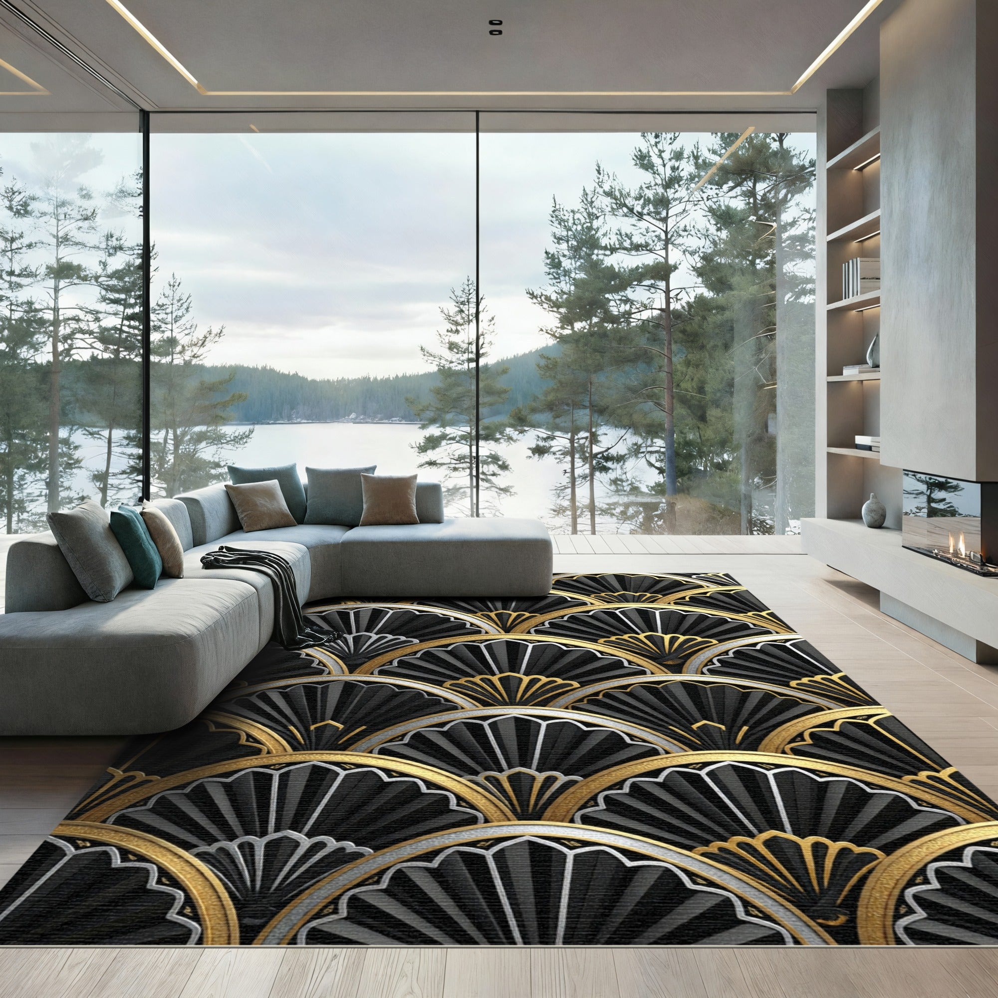 Art Deco Black Gold Fan Overlay Rug