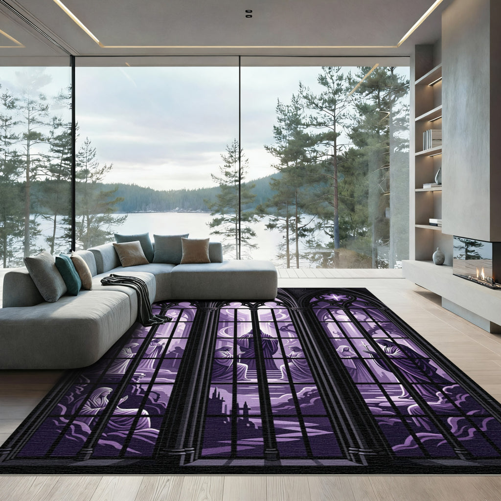 Gothic Violet Stained Glass Cathedral Arch Rug