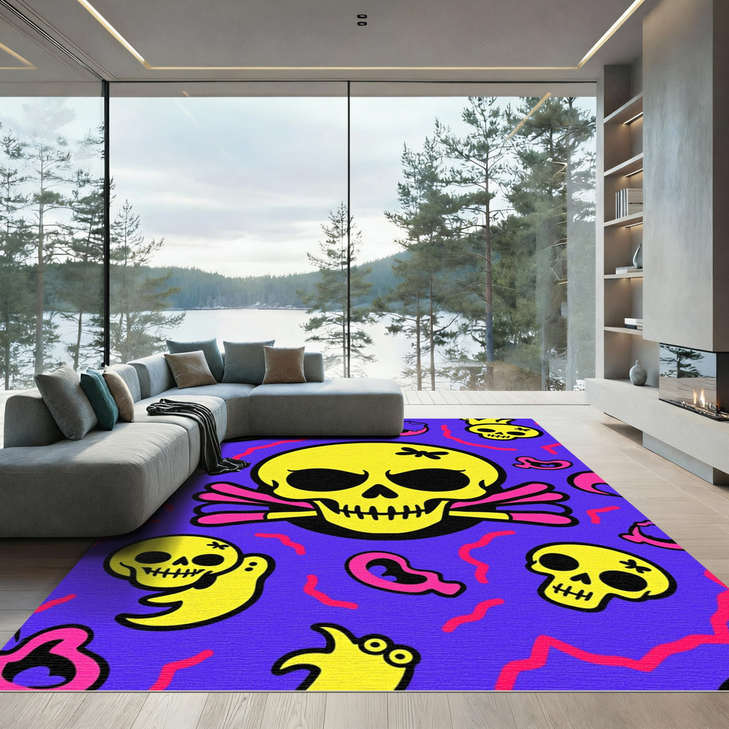 Groovy Yellow Skulls Pink Swirls Rug