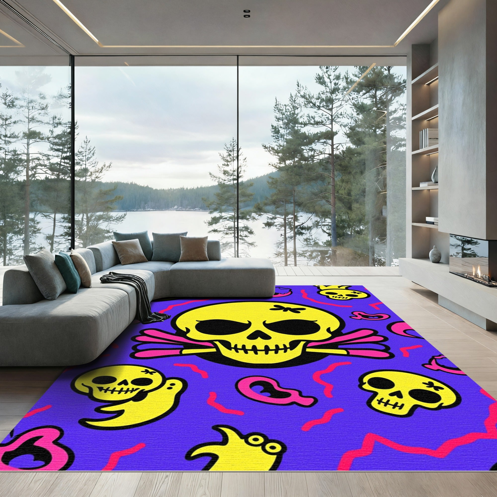 Groovy Yellow Skulls Pink Swirls Rug