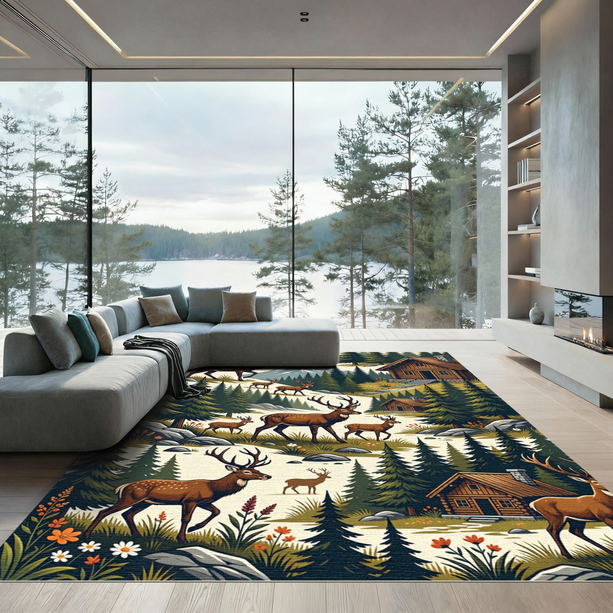 Rustic Woodland Deer Mountain Cabin Landscape Rug