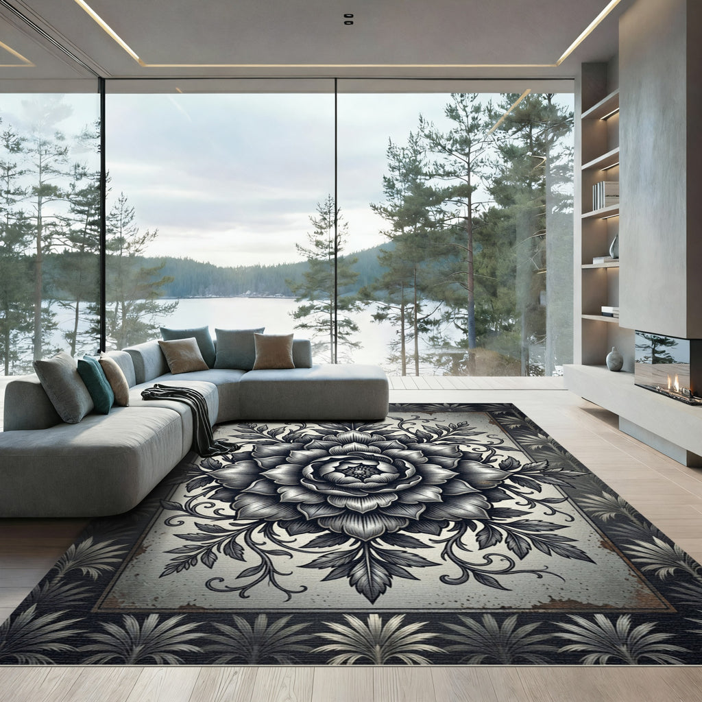 Monochrome Botanical Floral Medallion Rug