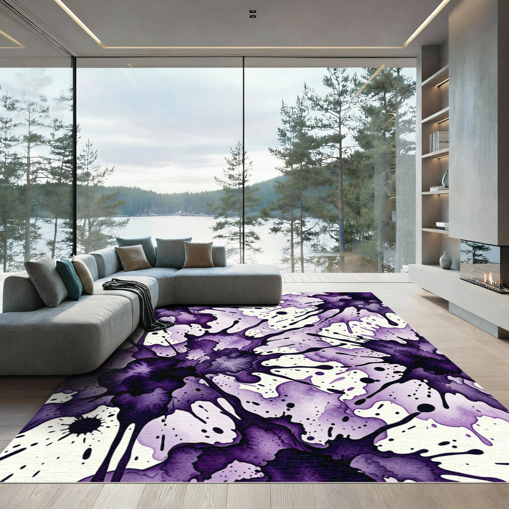 Dark Plum Abstract Ink Splatter Rug