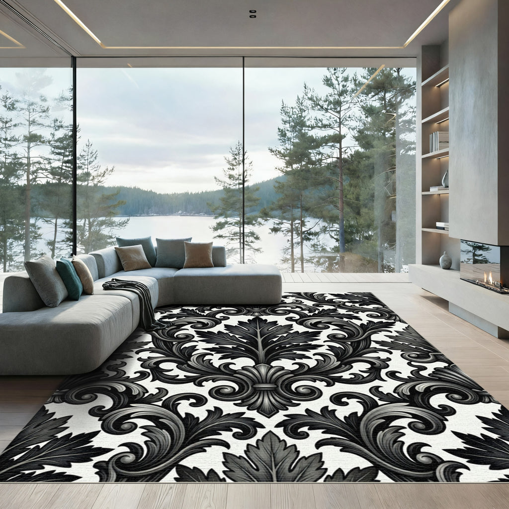 Elegant Black and White Baroque Damask Rug