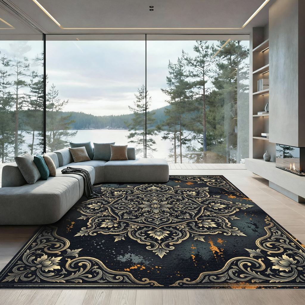 Ornate Golden Floral Damask Midnight Tapestry Rug