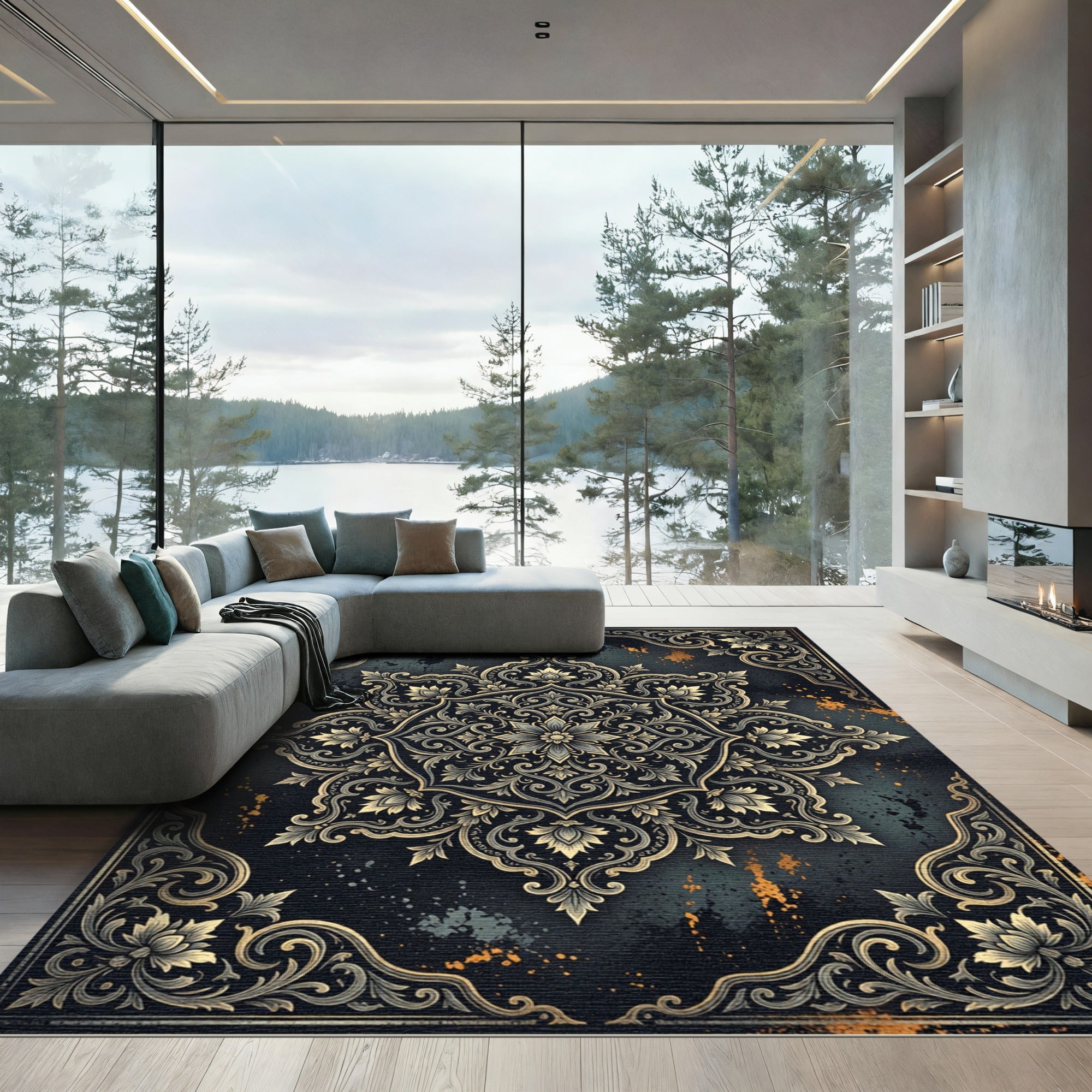 Ornate Golden Floral Damask Midnight Tapestry Rug