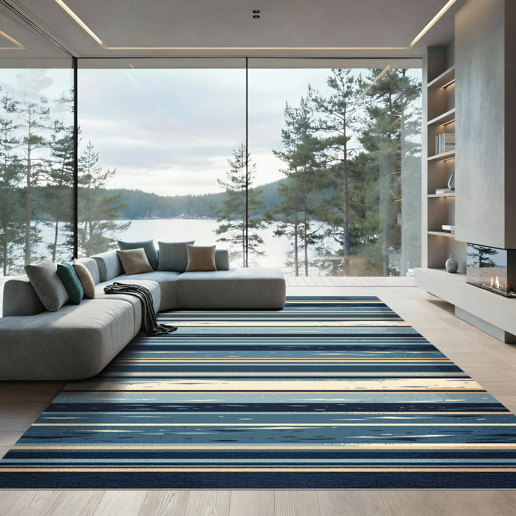 Modern Navy and Gold Horizontal Stripe Rug