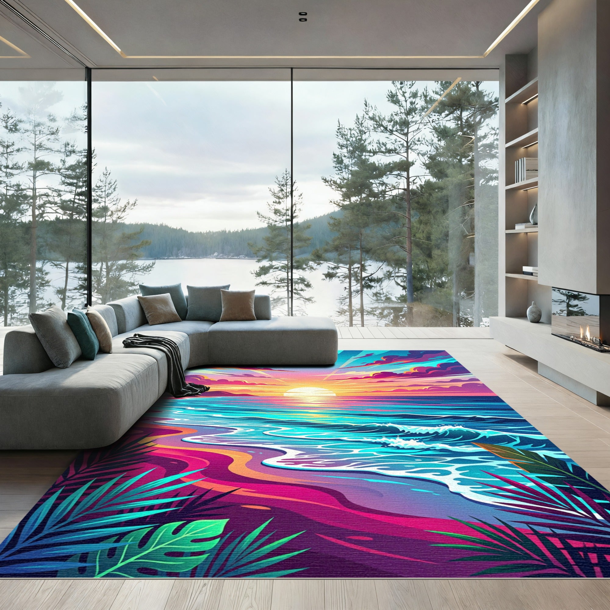 Vibrant Tropical Sunset Shore Ocean Wave Rug