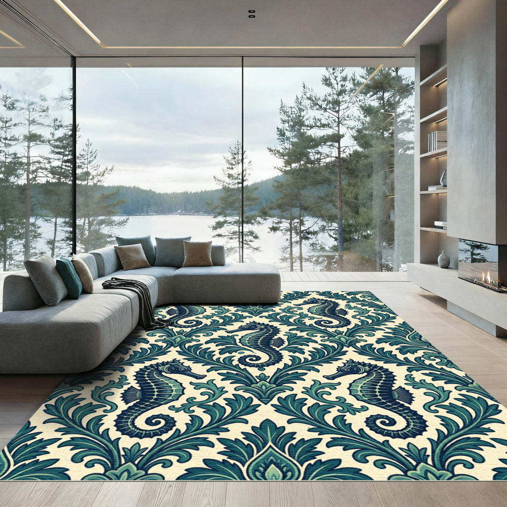 Elegant Teal Seahorse Damask Ocean Wallpaper Rug