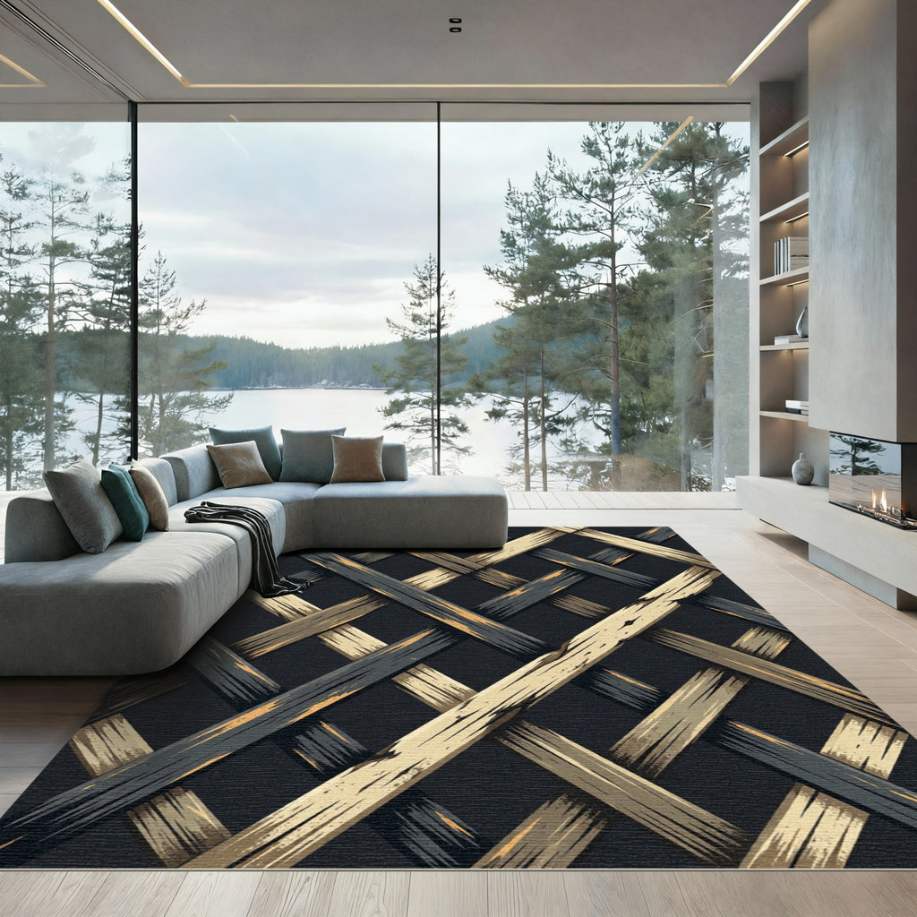 Black and Gold Woven Grid Rug