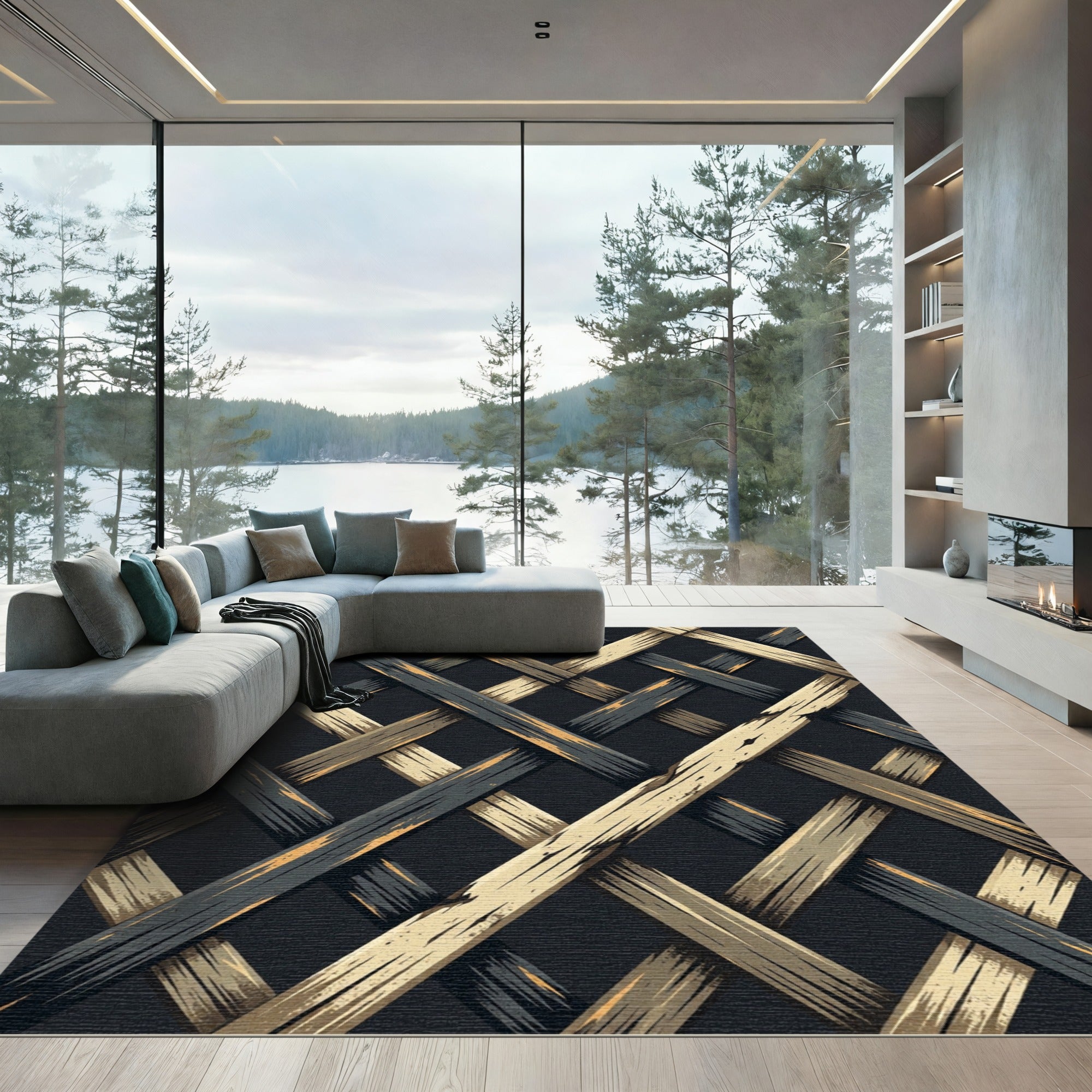 Black and Gold Woven Grid Rug
