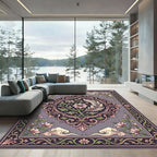 Ornate Pink Floral Scrollwork Gray Rug