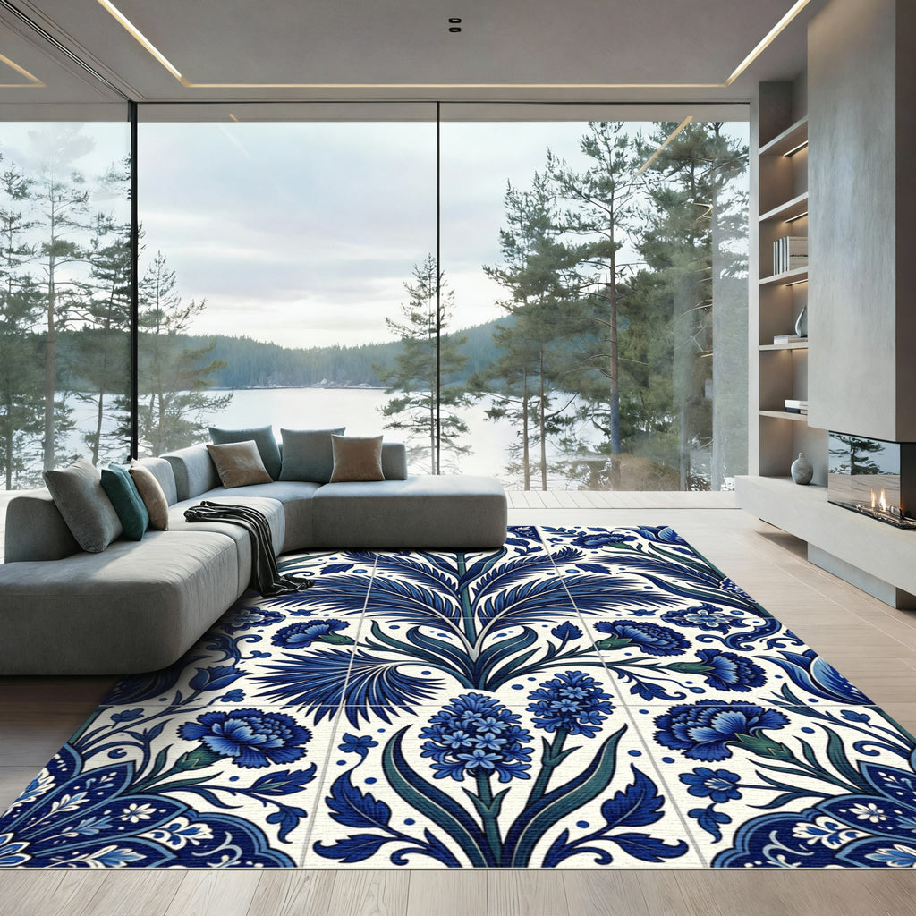 Rich Blue Floral Art Nouveau Rug
