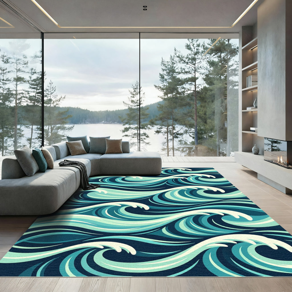 Deep Blue Aqua Ocean Waves Rug