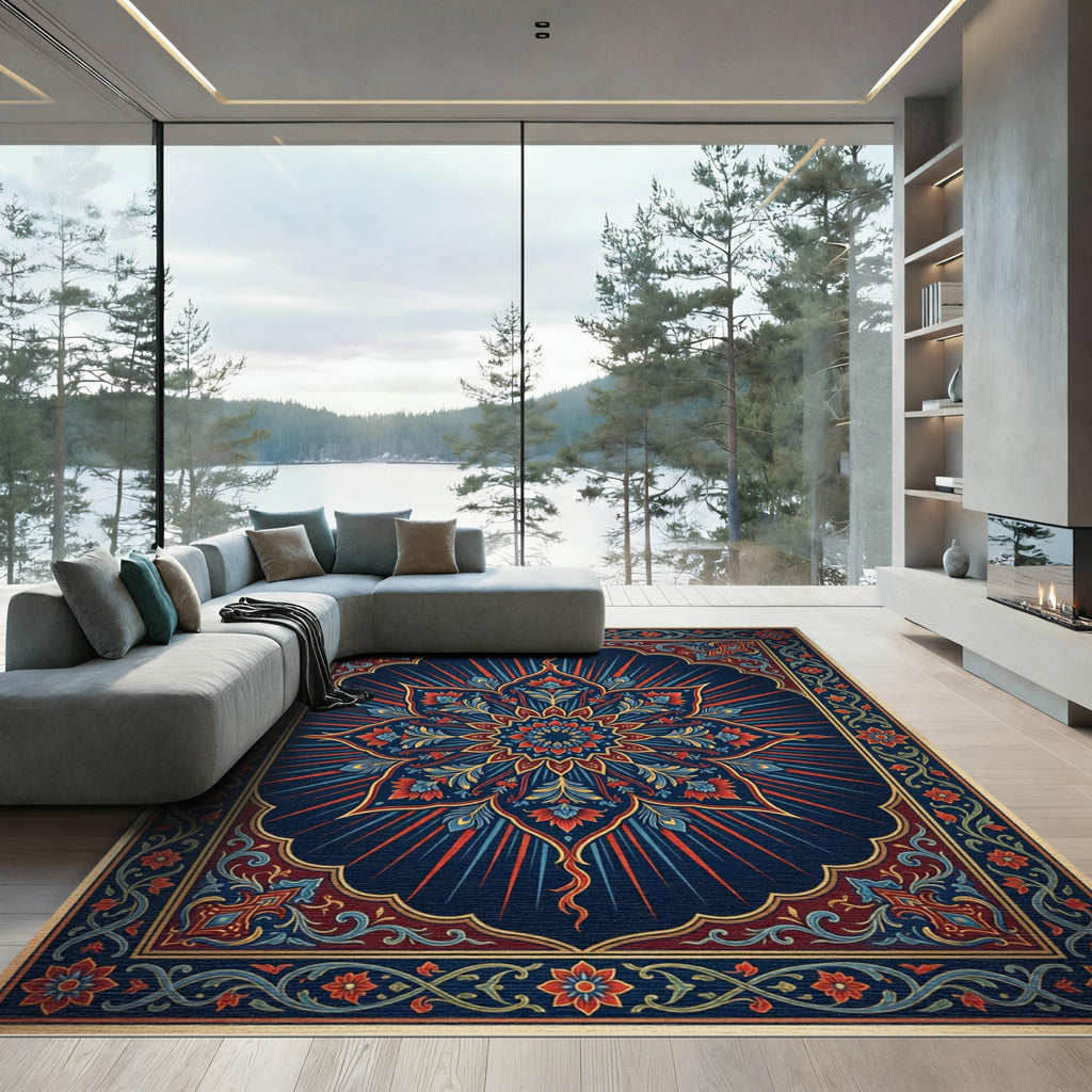 Ornate Blue Red Floral Radiating Medallion Rug