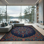 Ornate Blue Red Floral Radiating Medallion Rug