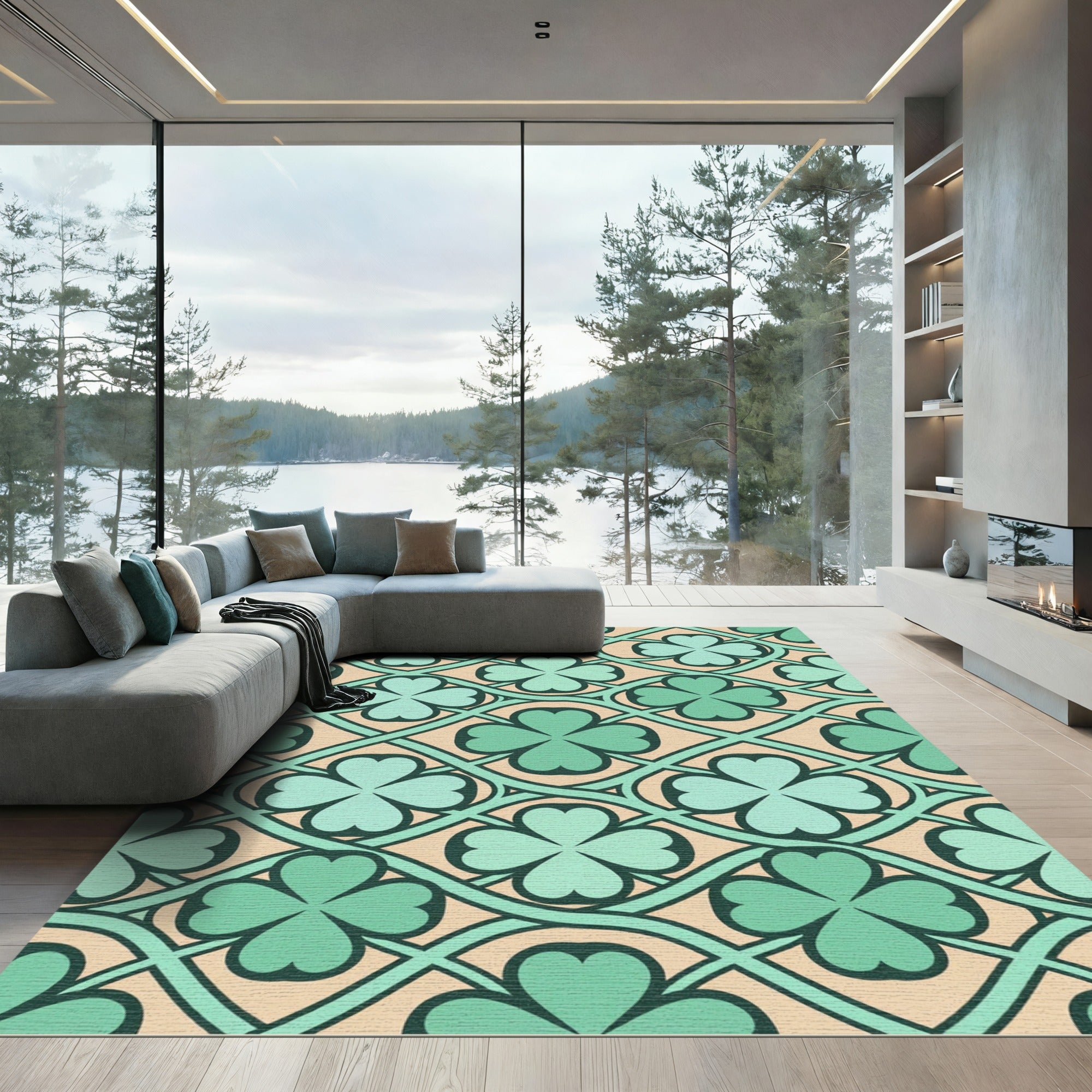 Sage Shamrock Four Leaf Clover Lattice Rug