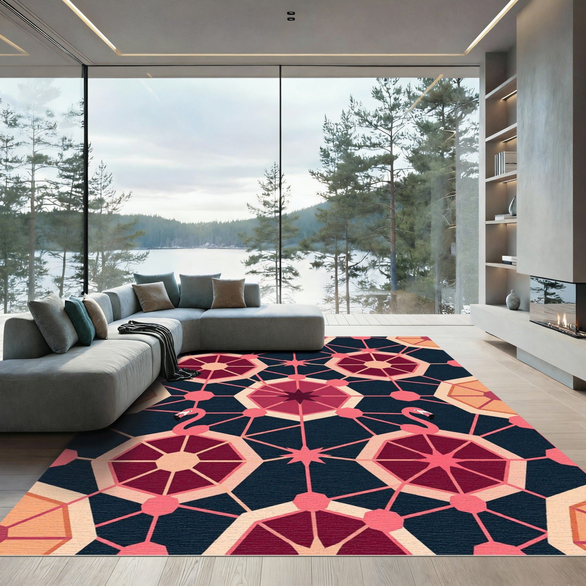 Pink Flamingo Geometric Octagon Pattern Rug