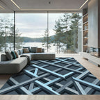 Modern Blue Metallic Geometric Grid Rug