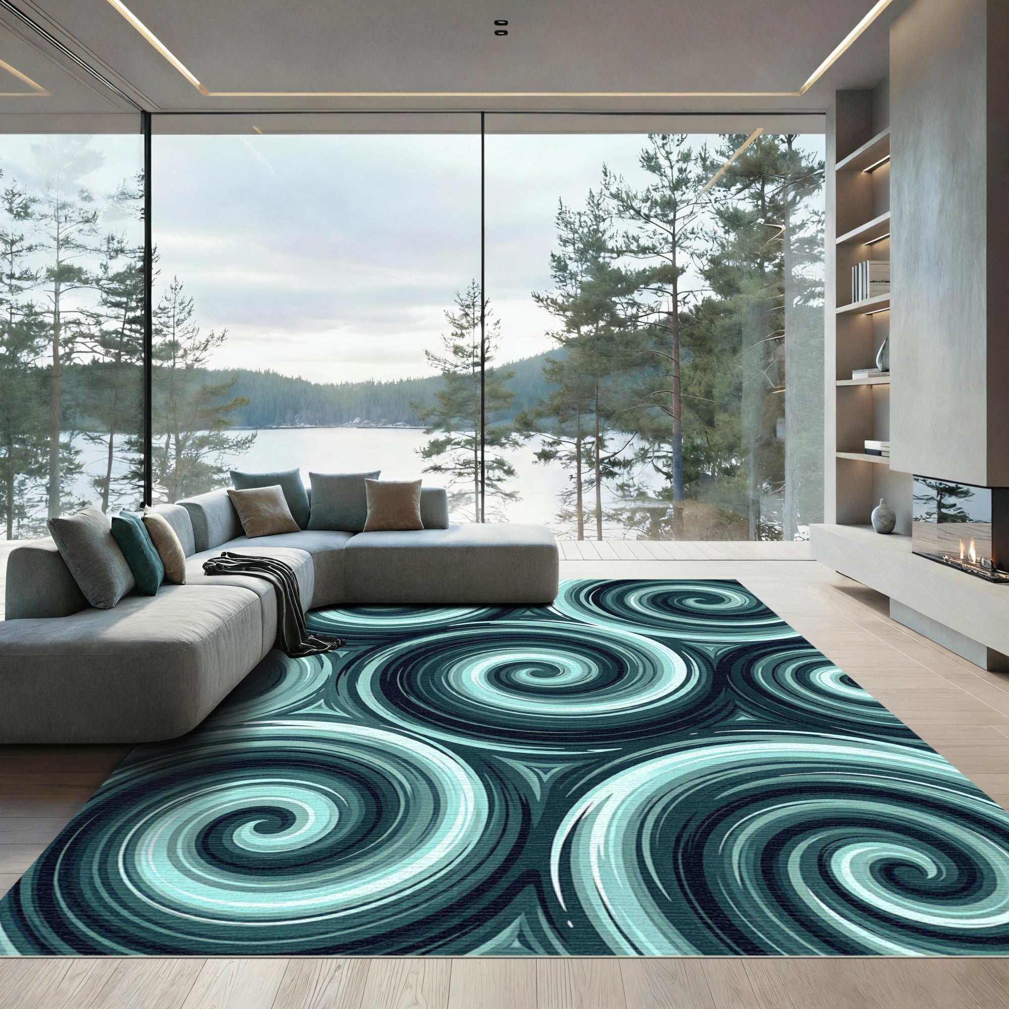 Teal Swirling Abstract Whirling Strokes Rug