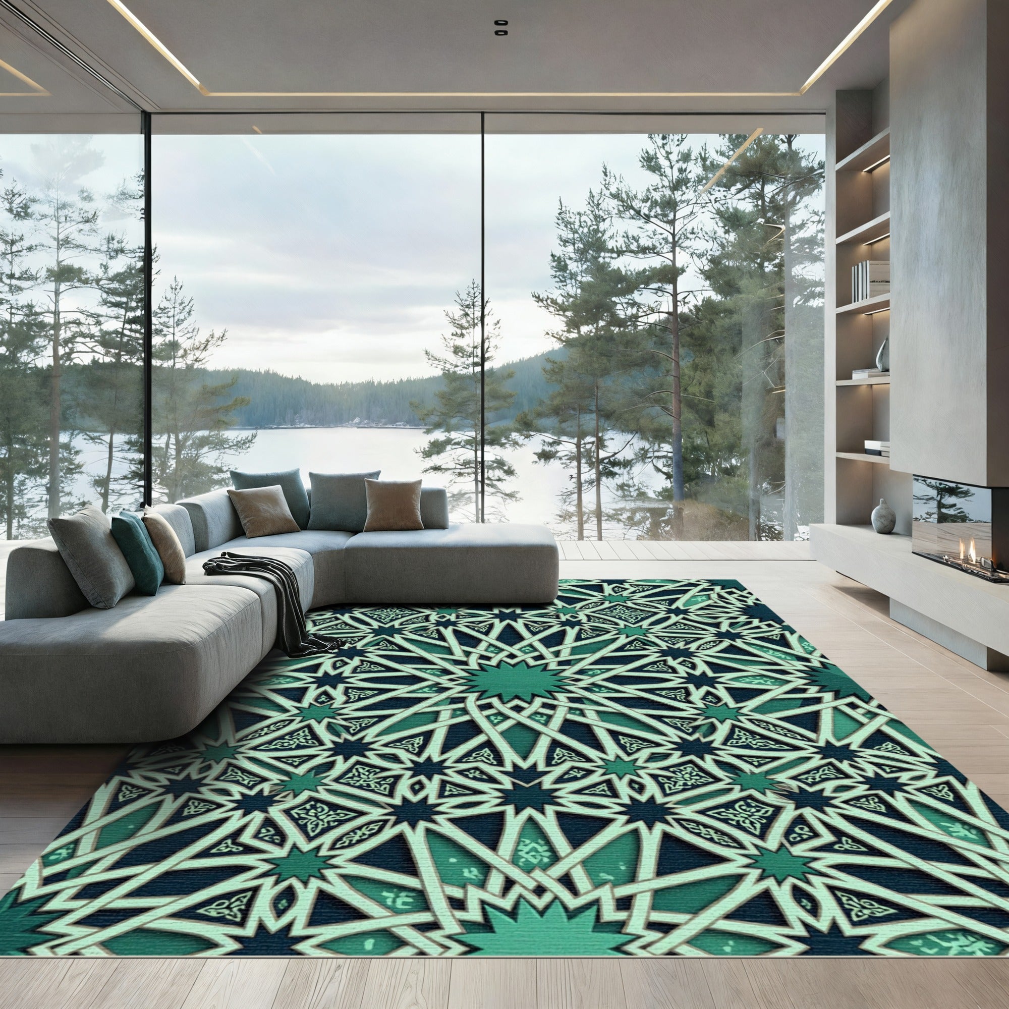 Emerald Green Interlocking Star Pattern Rug