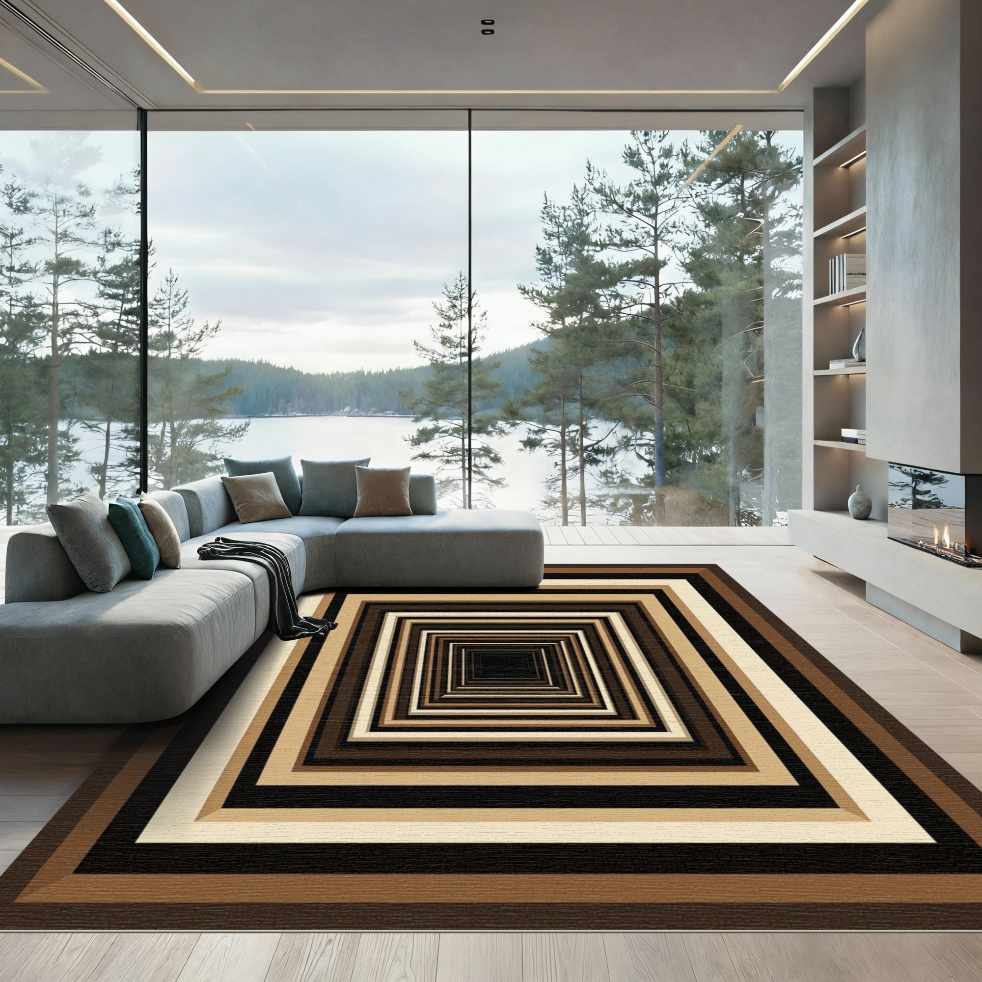 Modern Brown Beige Concentric Rectangular Tunnel Rug