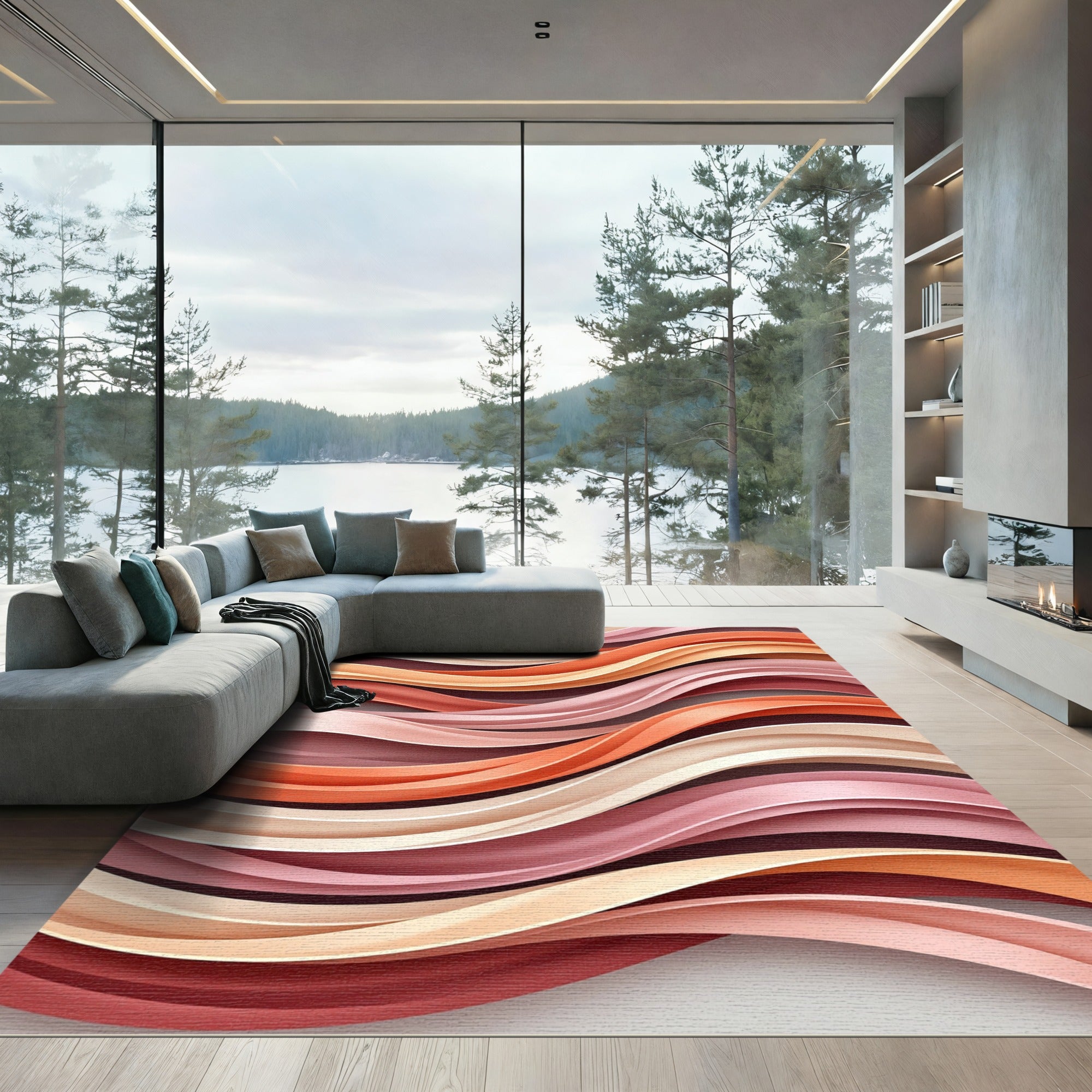 Coral Pink Swirling Ribbon Waves Rug