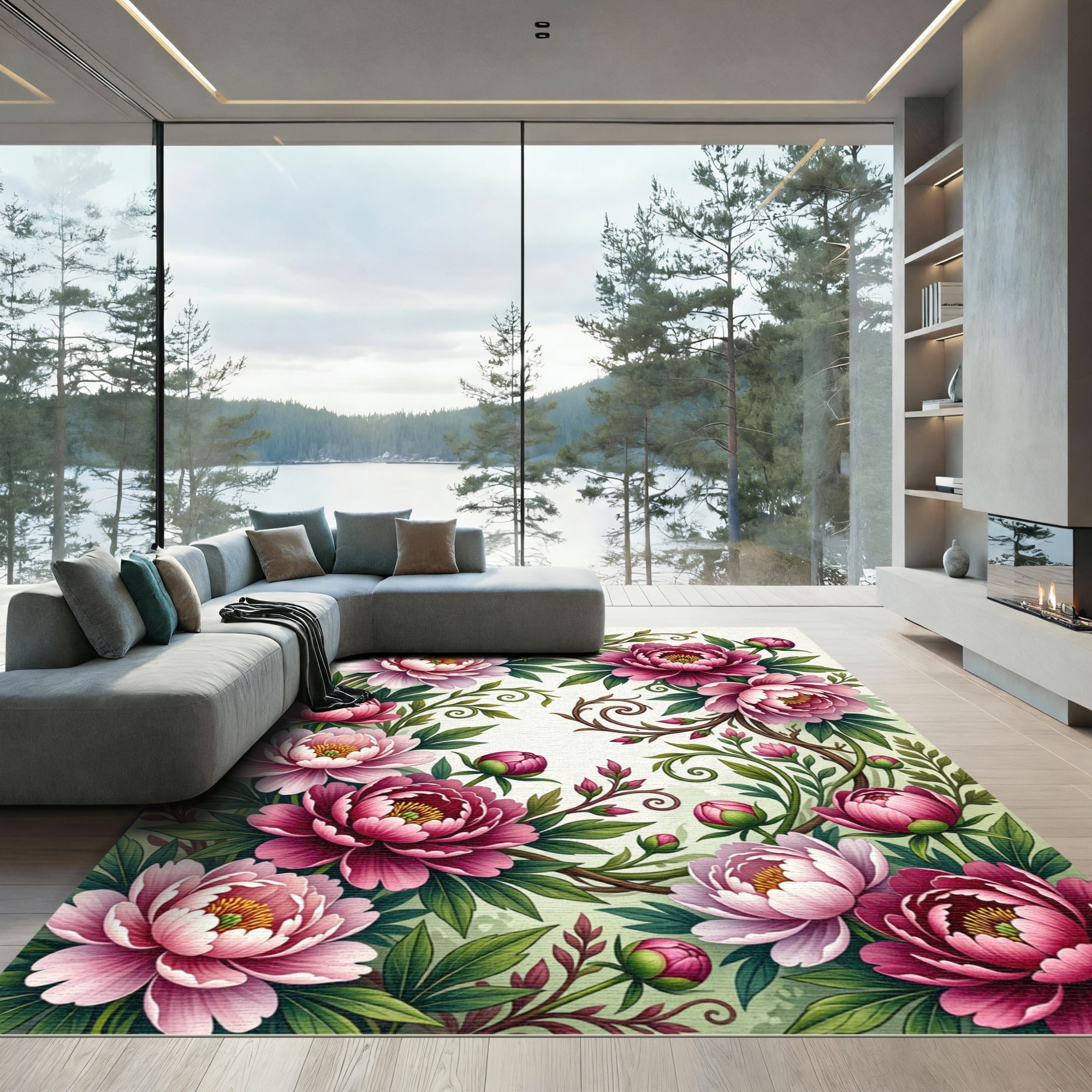 Romantic Pink Peony Floral Garden Rug