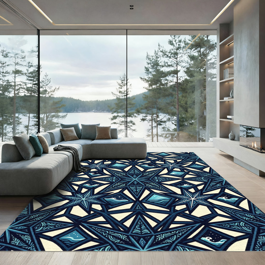 Geometric Nautical Star And Ocean Wave Rug