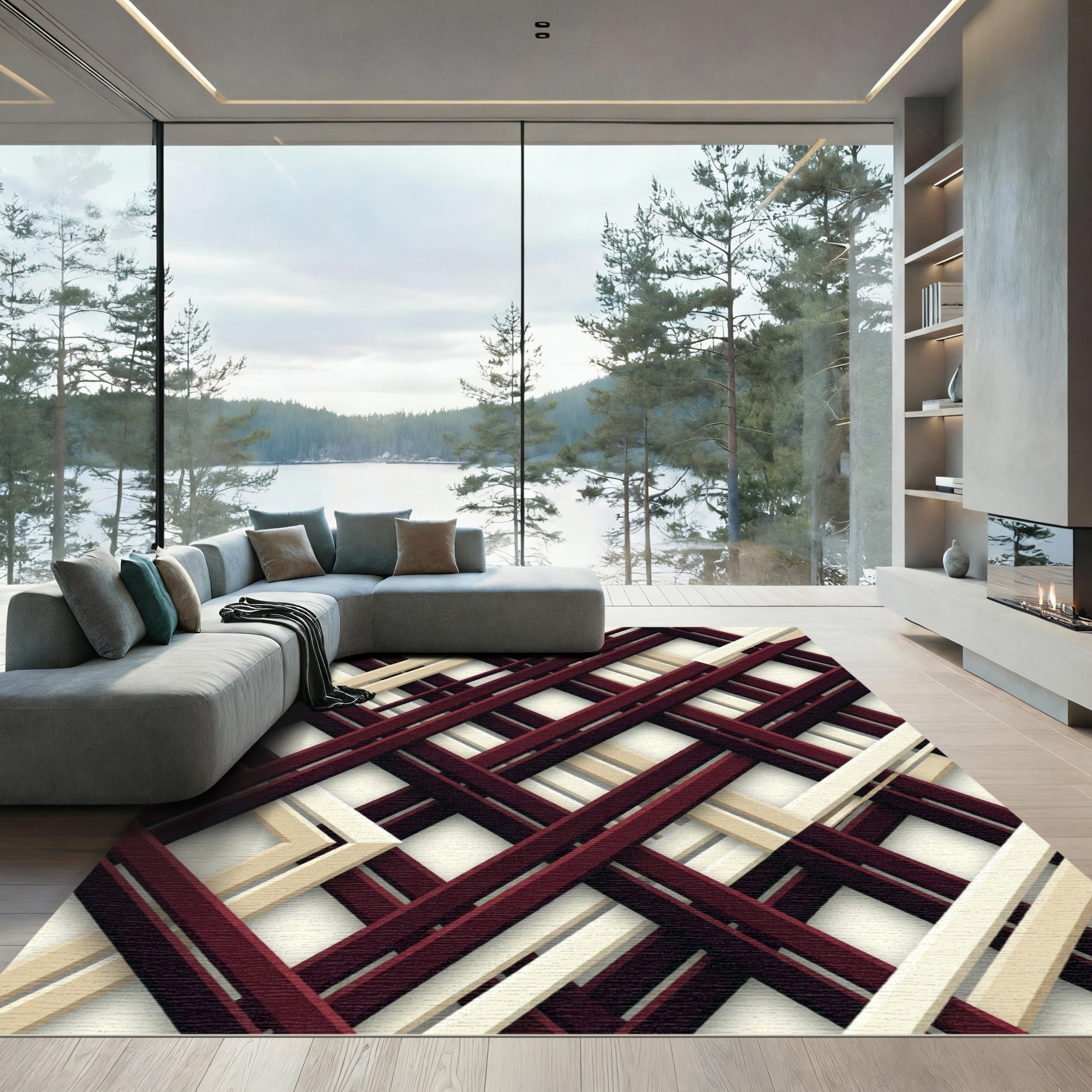 Crimson Beige Intersecting Lines Rug
