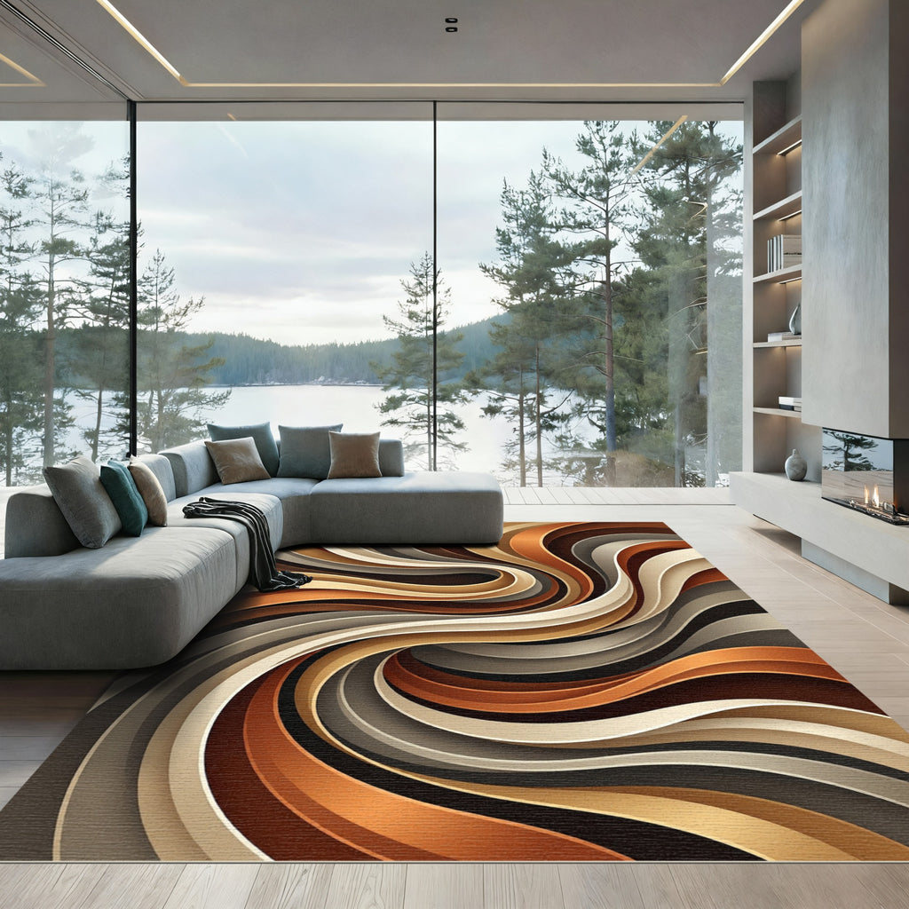 Abstract Golden Brown Flowing Wave Rug