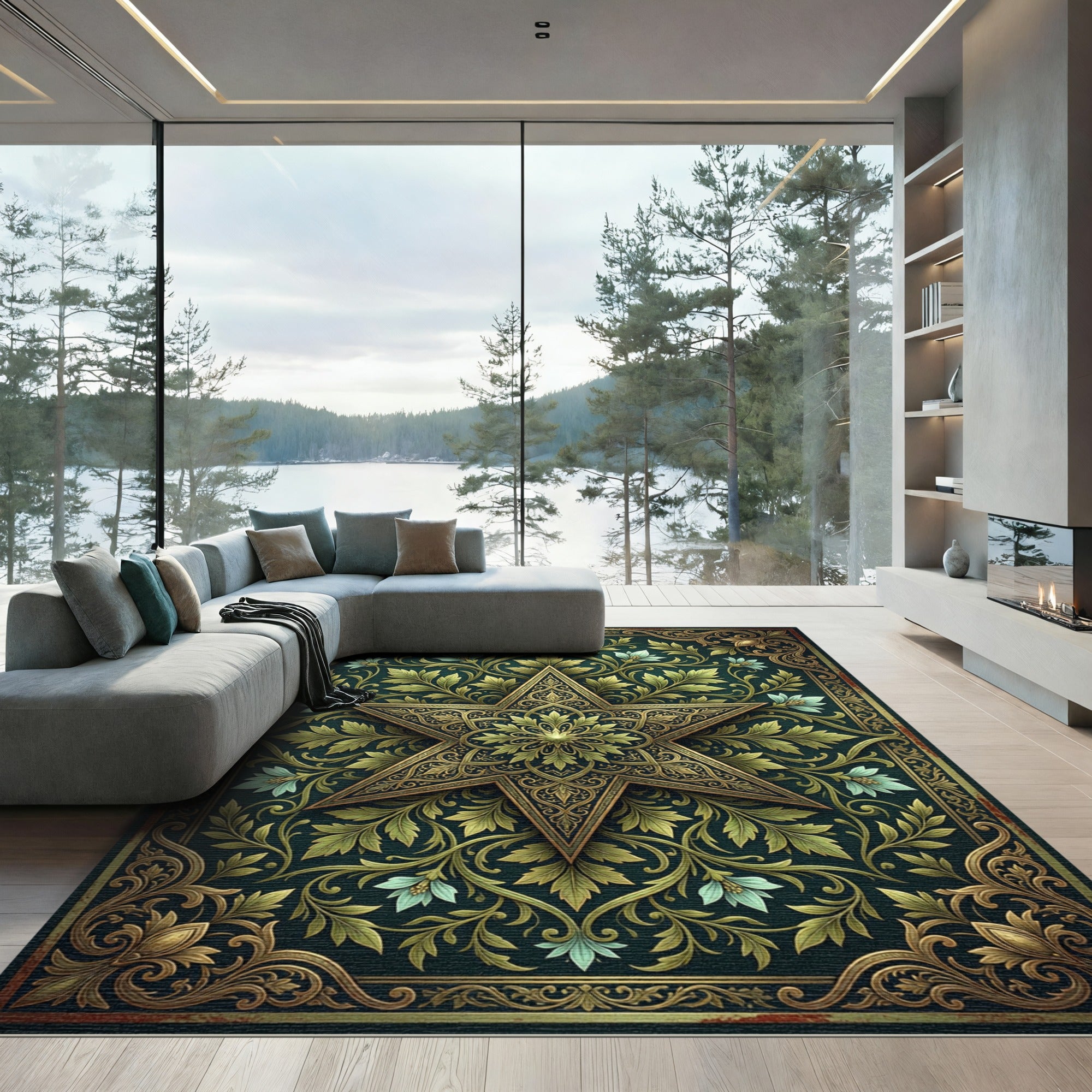 Antique Gold Star Floral Scrollwork Rug
