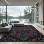 Ornate Silver Damask Crimson Circular Medallion Rug